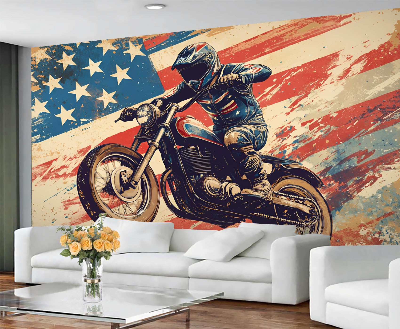 GIVLWF Wallpaper - Motocross Home Decor & Mural, American Flag Bedroom Wallpaper, Extreme Sports Wall Paper for Living Room, Large Wall Mural (Not Self-Adhesive)
