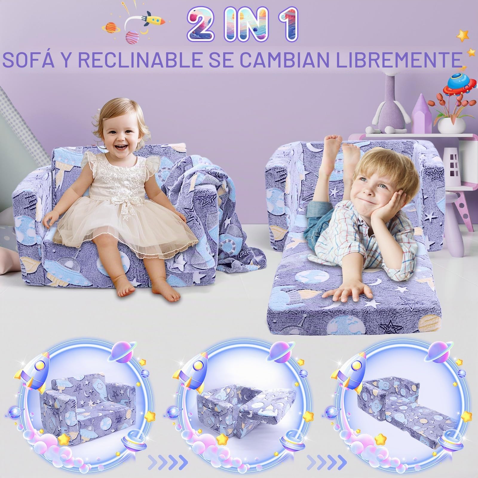 Sofá Cama para Niños 2 en 1 Extra Ancho, Sofá Plegable para niños, Sofá Infantil Plegable de Sherpa Suave con Dinosaurio Brillante, Cama Convertible para Niños/Niñas (Astronautas)