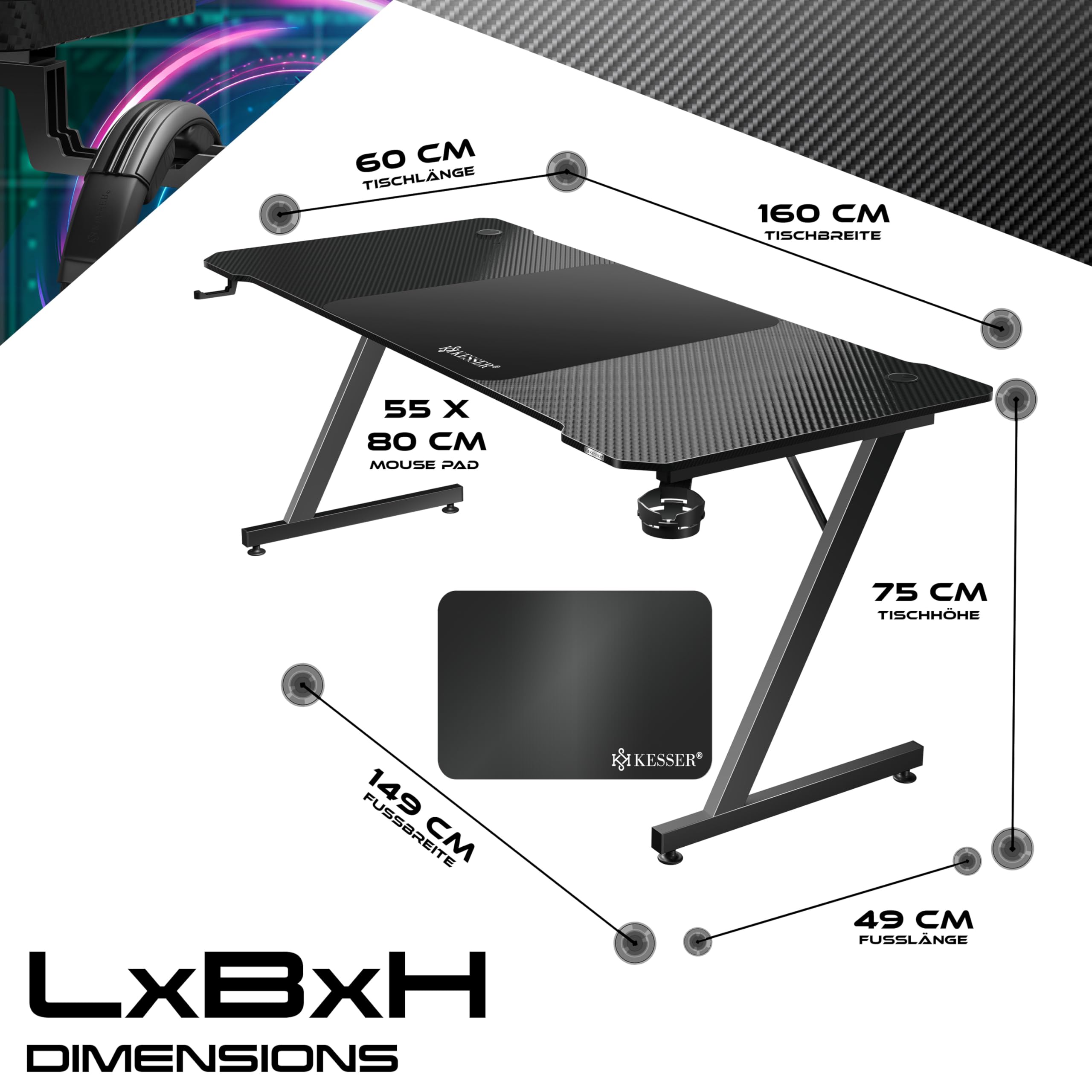 KESSER® Table de Jeu - 160 x 60 cm - Bureau Gamer en Forme de Z - Crochet pour Casque et revêtement en Carbone - Bureau d'ordinateur Ergonomique - Table Stable avec Porte-gobelet - Noir
