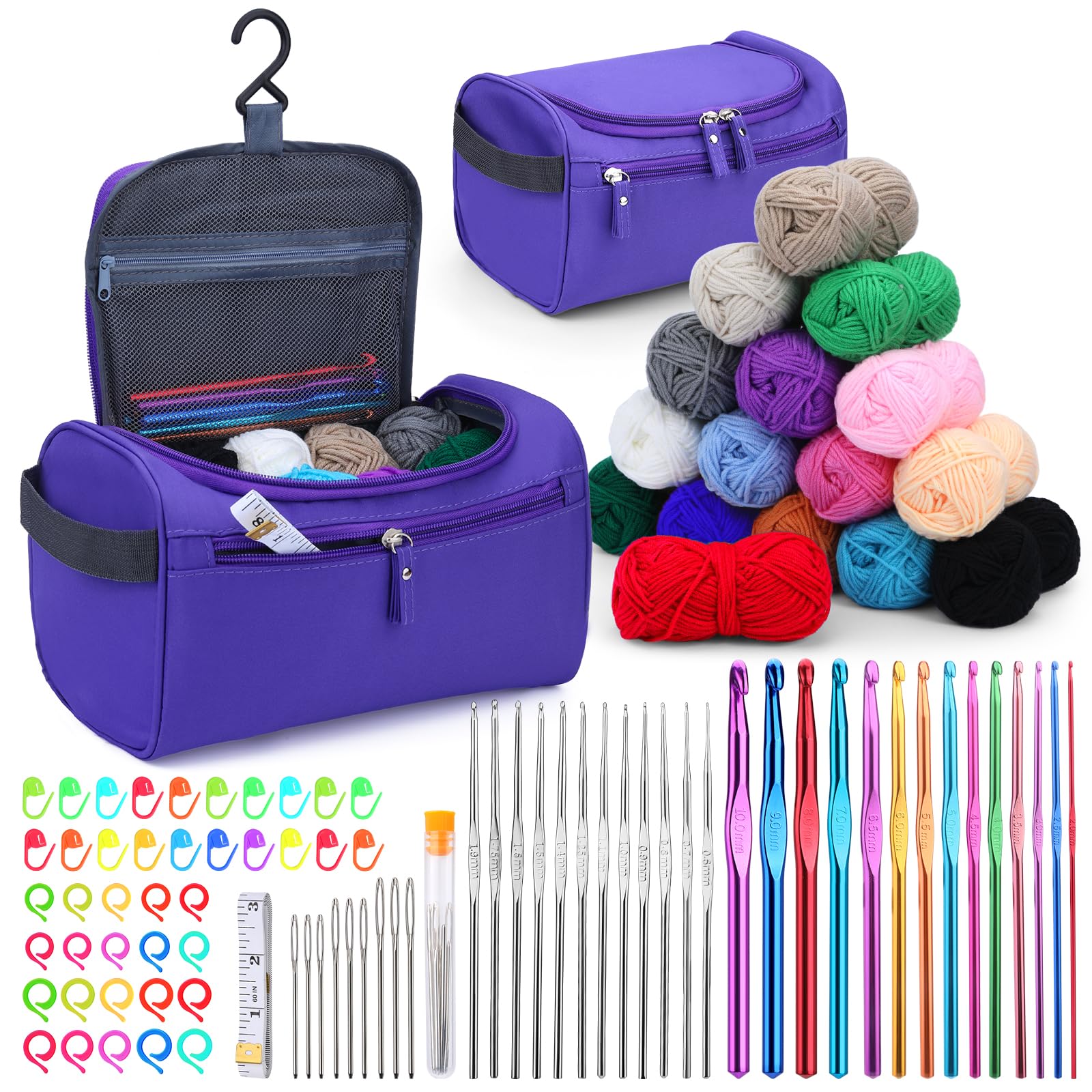 Doxiru Crochet Kits for Beginners, 0.6-10.0mm Complete Professional Crochet Hook Kit Knitting Starter Kit Includes Ergonomic Crochet Hooks Sets Yarn Crochet Bag for Crocheting, Silver
