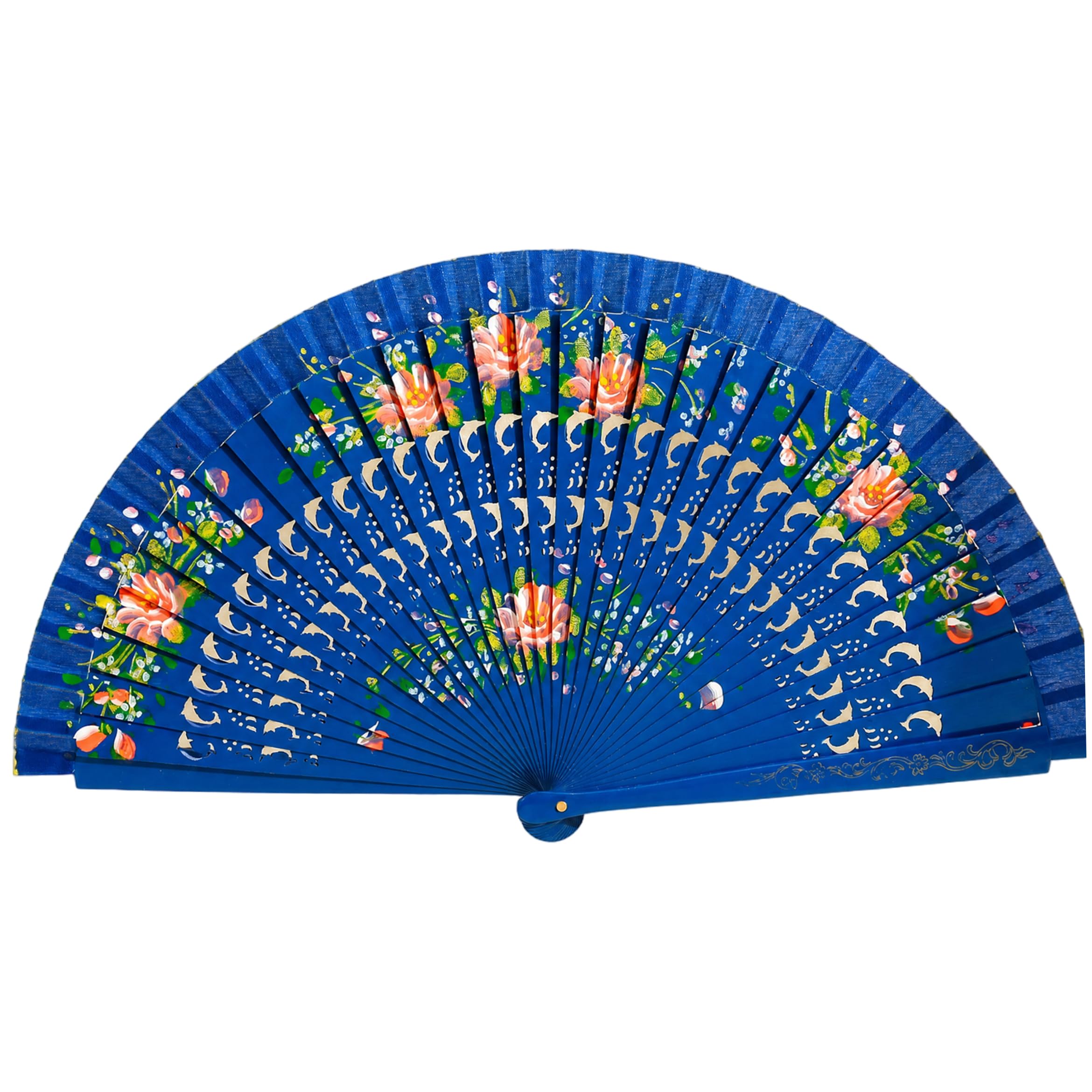 Nukinp Spanish Fan, Double-sided Painted Folding Hand Fan, Hollow Wooden Ribs Hand Fans For Parties & Decor, Blue