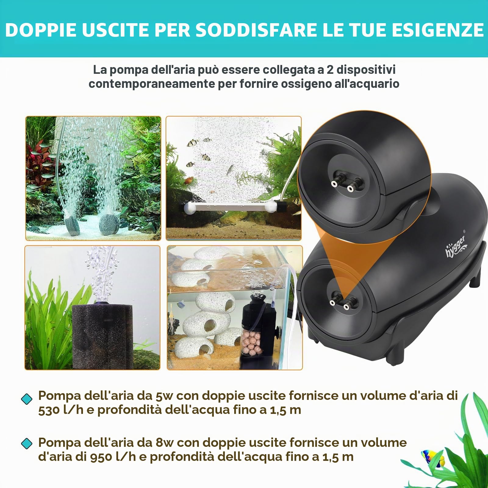 hygger Ossigenatore per Acquario,5W Pompa ad Aria per Acquario Regolabile Pompa Ciotola per Pesce con Tubo Aria, Pietra Aerea E Valvola di Non Ritorno Air Pump Fish Tank