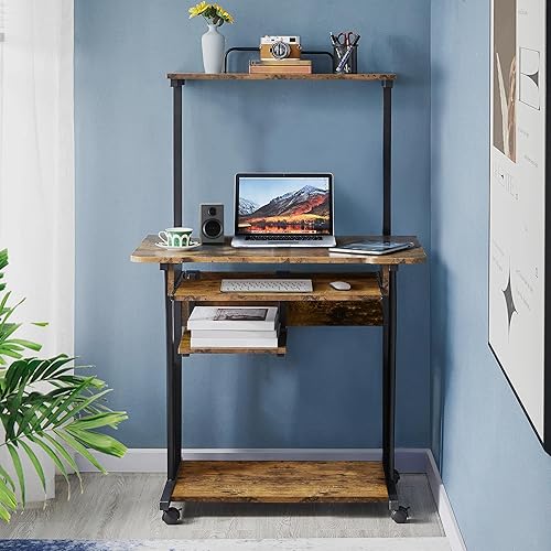 Miniatura 5 de Yaheetech Escritorio de computadora con ruedas de 3 niveles con bandeja para teclado y estante de impresora para oficina en casa, escritorio