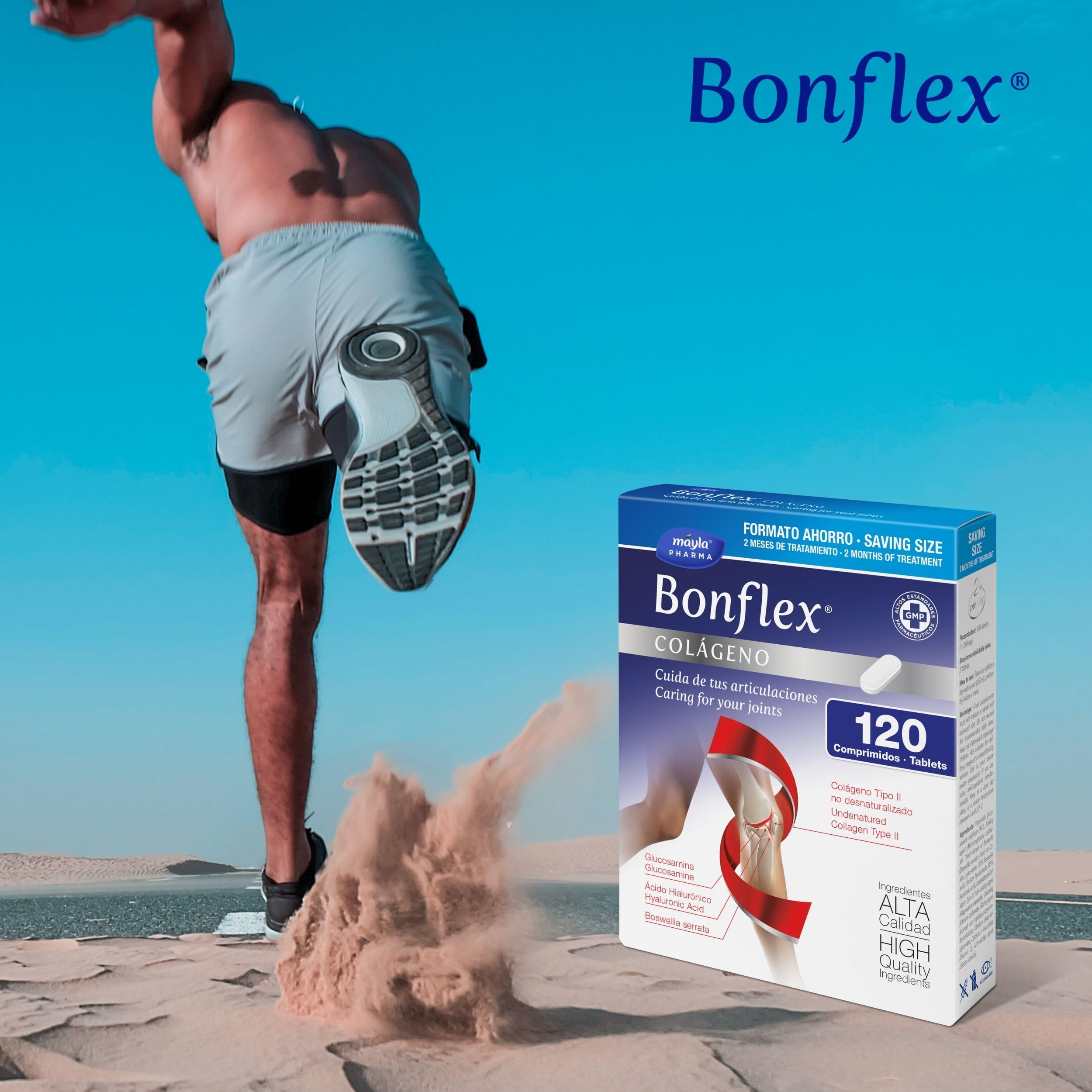 Bonflex Collagène 120 Comp Collagène non dénaturé Type II, aide à maintenir en forme les articulations face à l'usure et aux impacts 1500 mg Glucosamine prend soin de vos articulations 2 prises par