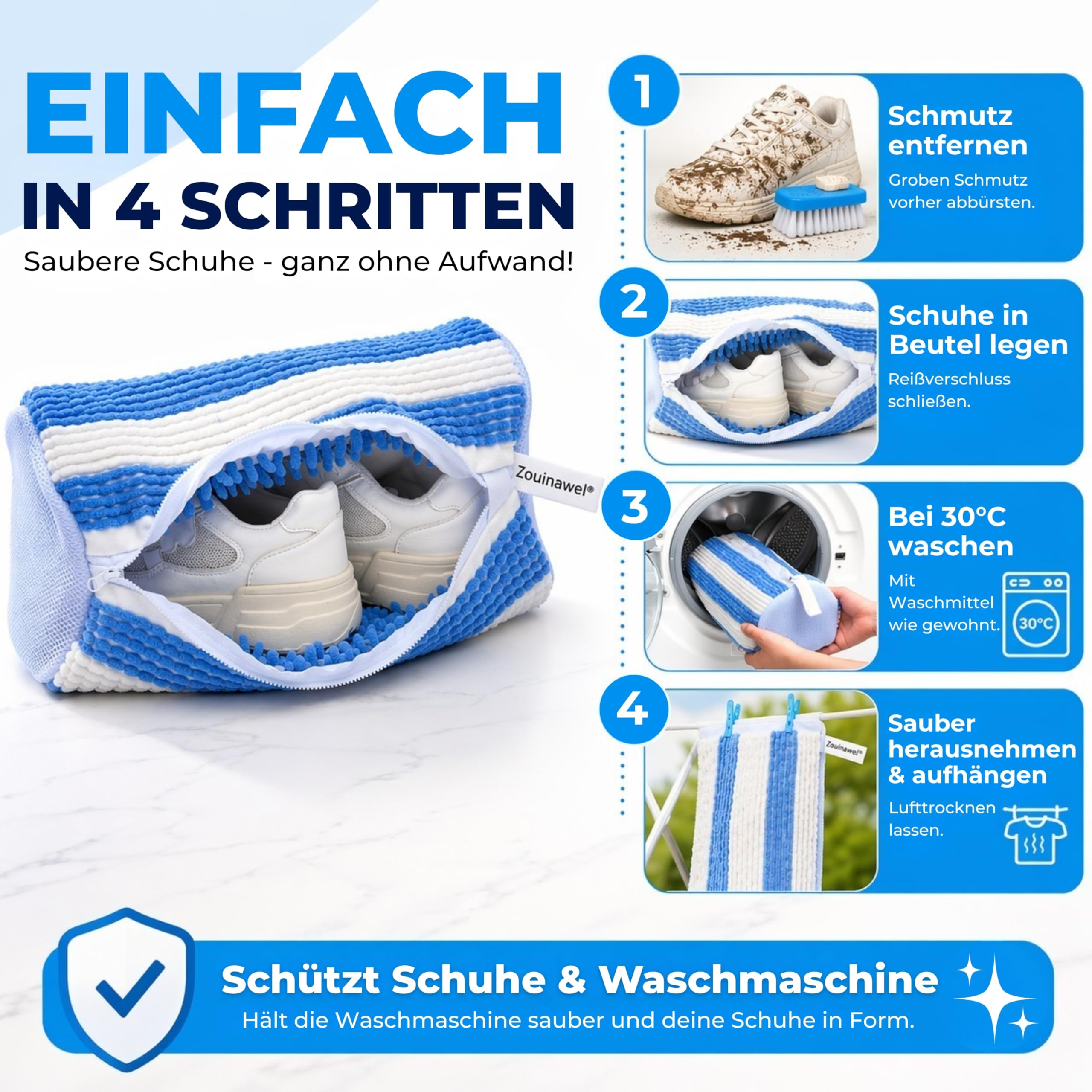 Schuhwaschbeutel 2 Stück XXL für 2 Schuhe bis Gr. 52 – Gepolstert & langlebig – Leiser Waschbeutel für Sneaker – Wäschesack Waschmaschine