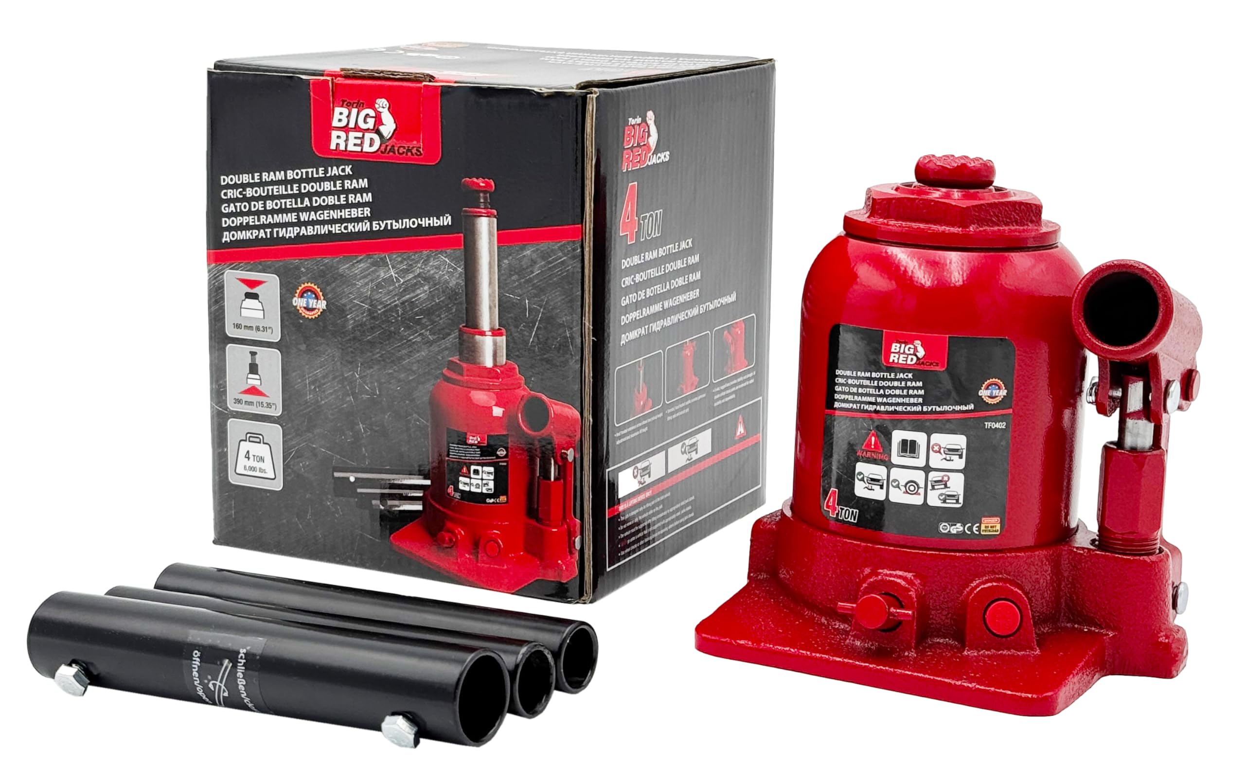 Torin Big RED 4T Hydraulischer Wagenheber (160-390mm) Stempelwagenheber Autoheber Doppel-Ram niedriges Profil Double Ram Bottle Jack für Werkstatt und Garage