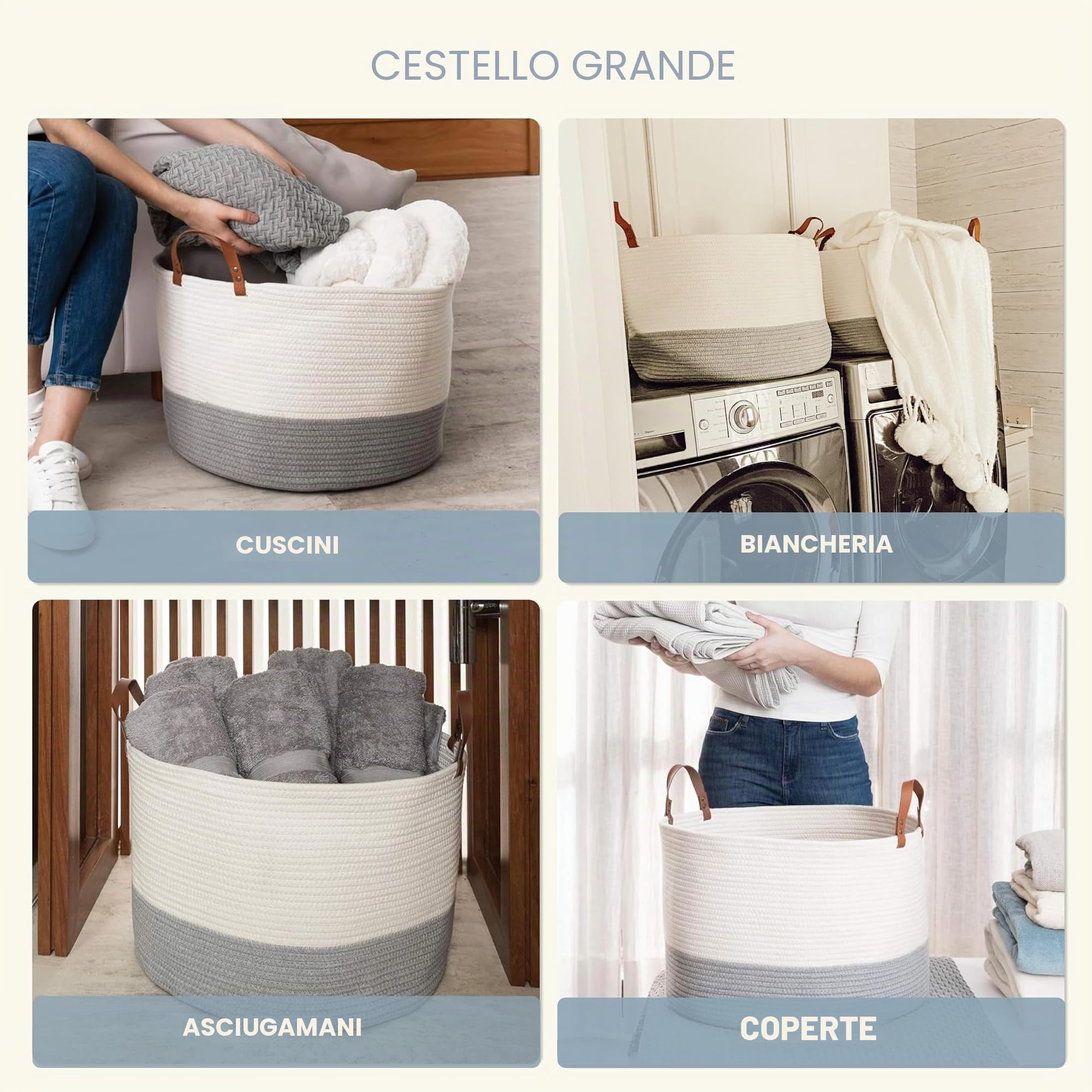 OrganiHaus Cesto extra large in corda di cotone, cesto per la biancheria, per la cameretta dei bambini, per riporre giocattoli, coperte, scarpe, per corridoio, grigio, 50 x 33 cm