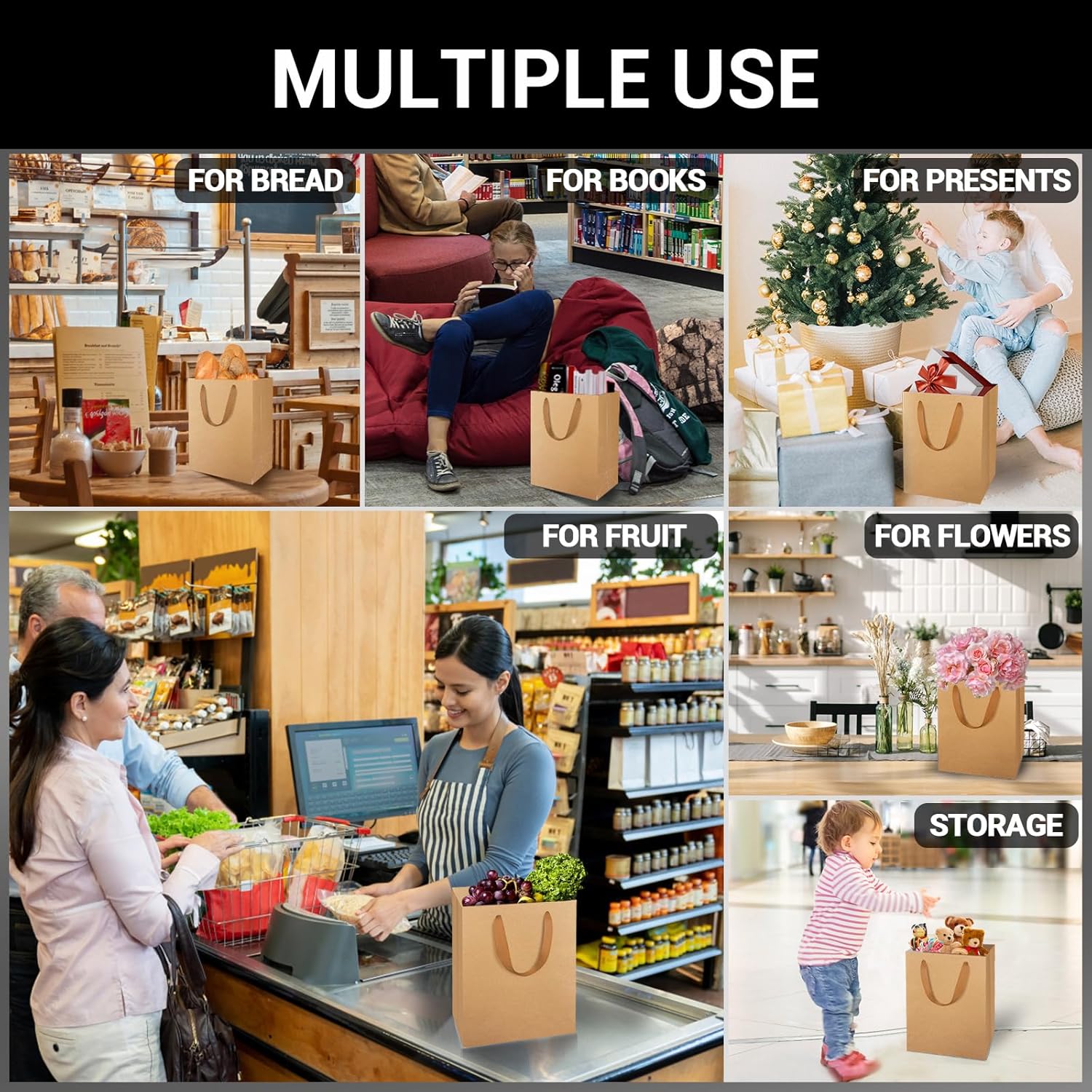 EUSOAR Shopping & Merchandise Bags, Medium Size 25pcs 7.8x3.9x11 inch Brown Kraft Paper Recyclable Gift Bags with Handle Bulk, for Party Favor Craft Retail Business Grocery Boutique Birthday Wedding - Image 4