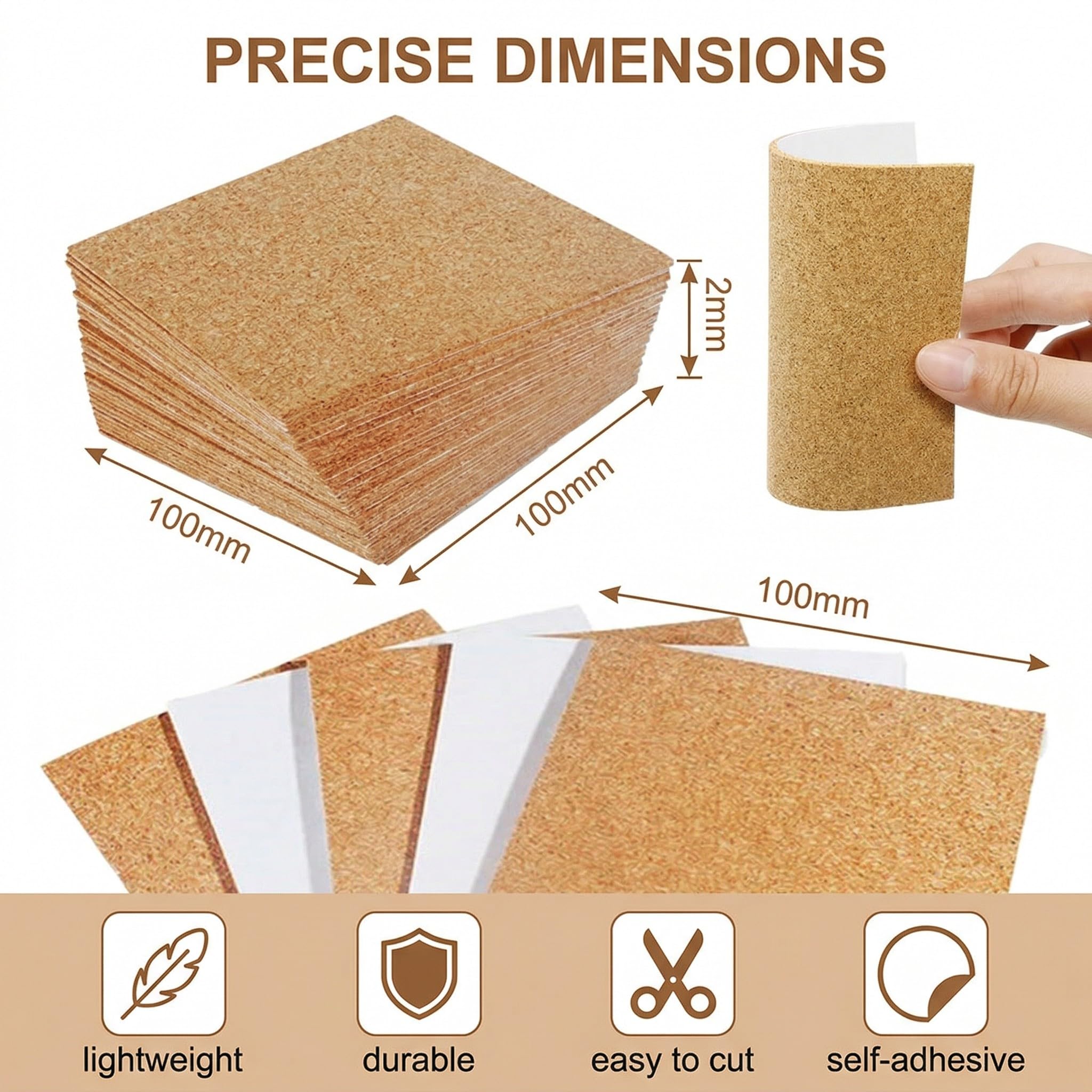Láminas Corcho Autoadhesivo 100x100x2mm Pack 16 – Placas Cuadradas Corcho Natural Extra Grueso