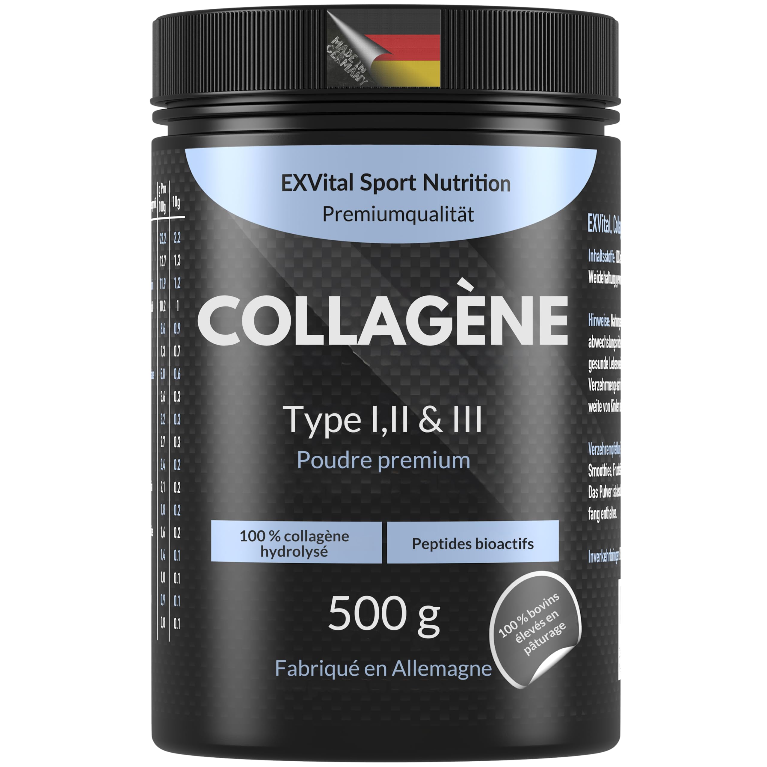 Poudre de collagène 500 grammes - Hydrolysat de collagène bioactif en peptides, poudre de protéines - Sans goût, collagène de type 1, 2 & 3 Lift Drink, hautement dosé