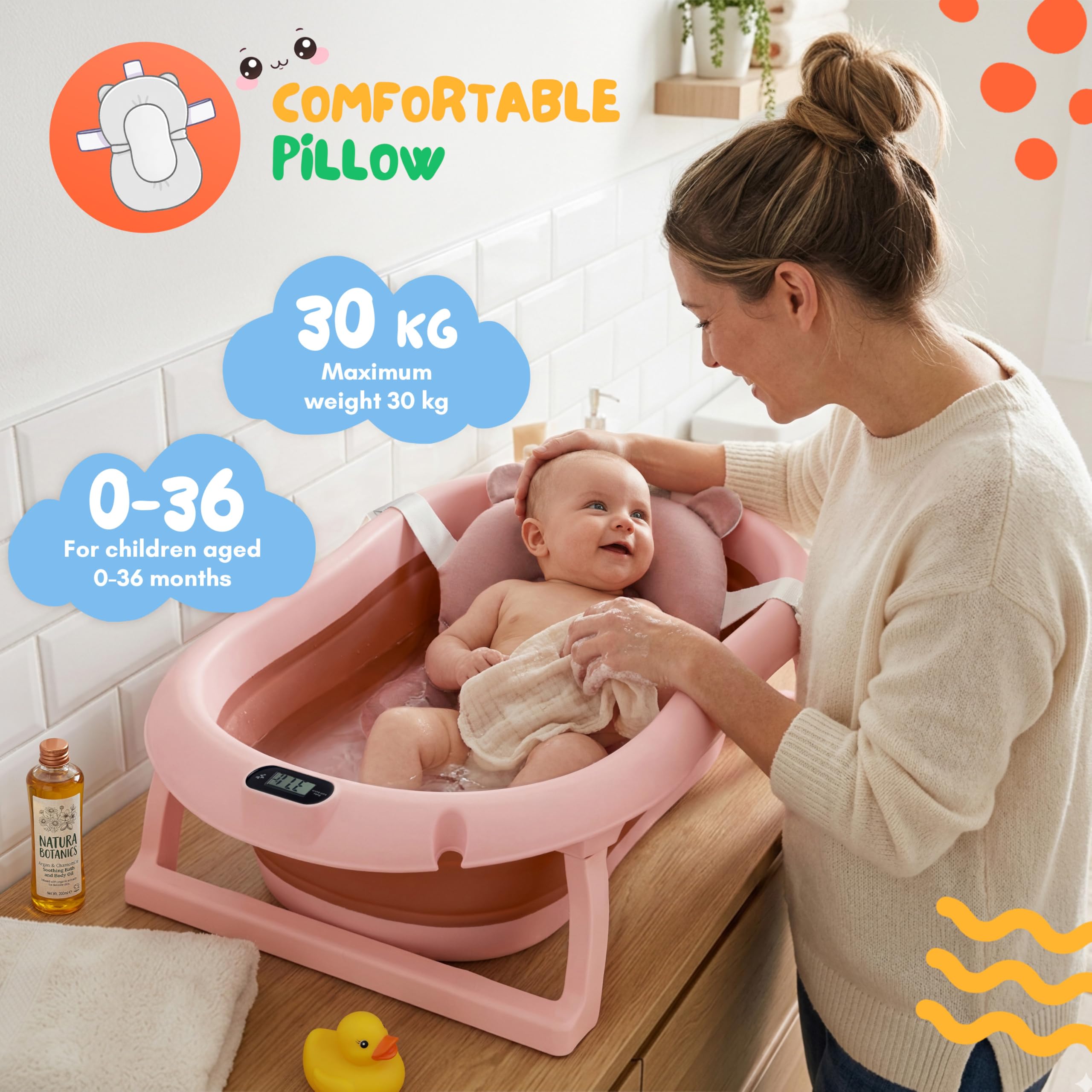 Bañera para bebé de 80 cm, plegable, color rosa oscuro, 0-36 meses | Con termómetro y cojín de baño para bebé para niños Bañera portátil