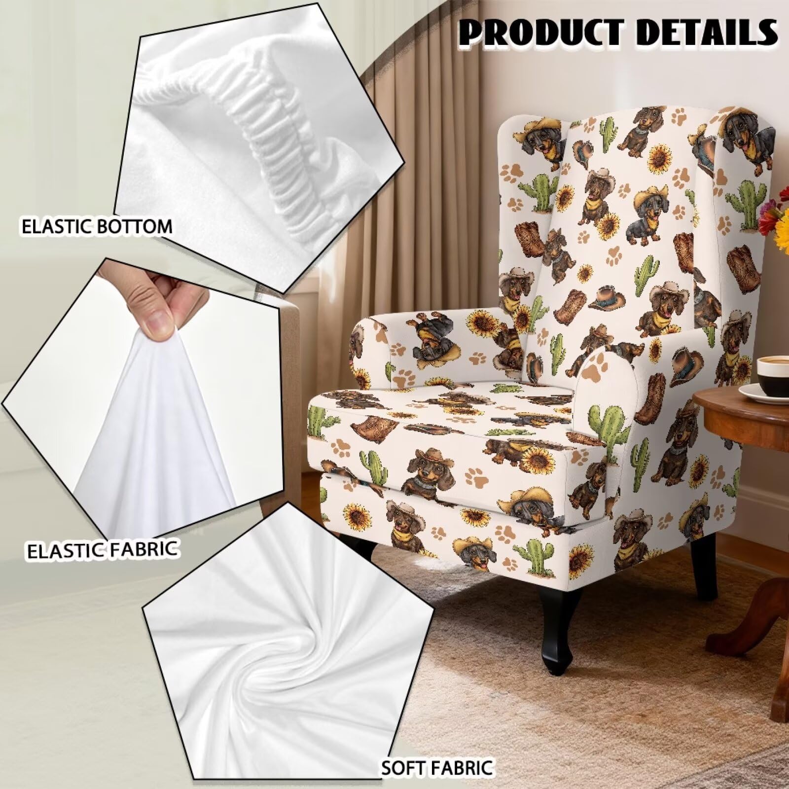 Xoenoiee Fundas elásticas para sillón, diseño de perro salchicha, girasol, cactus, 2 piezas, fundas elásticas para sillón, protector antideslizante para muebles para sala de estar