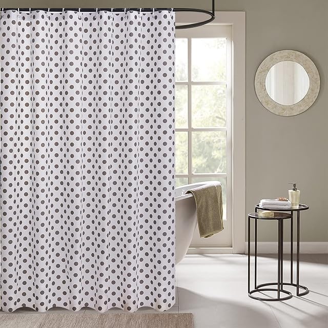ZIMEL HOMES Shower Curtains Mould-free Mildew Resistant Bath Curtain with Stitched Steel Eyelets Waterproof Polyester Fabric Bathroom Curtains with 12 Hooks, 180 x 180 cm (Polka Dot Grey)