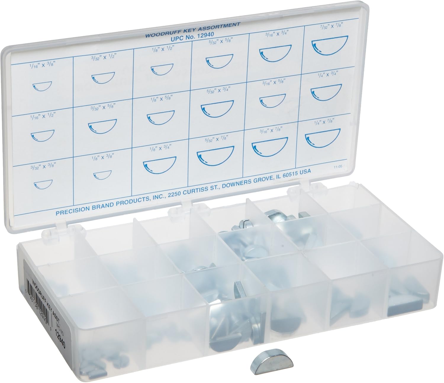 Steel Woodruff Key Assortment (250 Pieces), Zinc Plated Finish, Inch, With Case