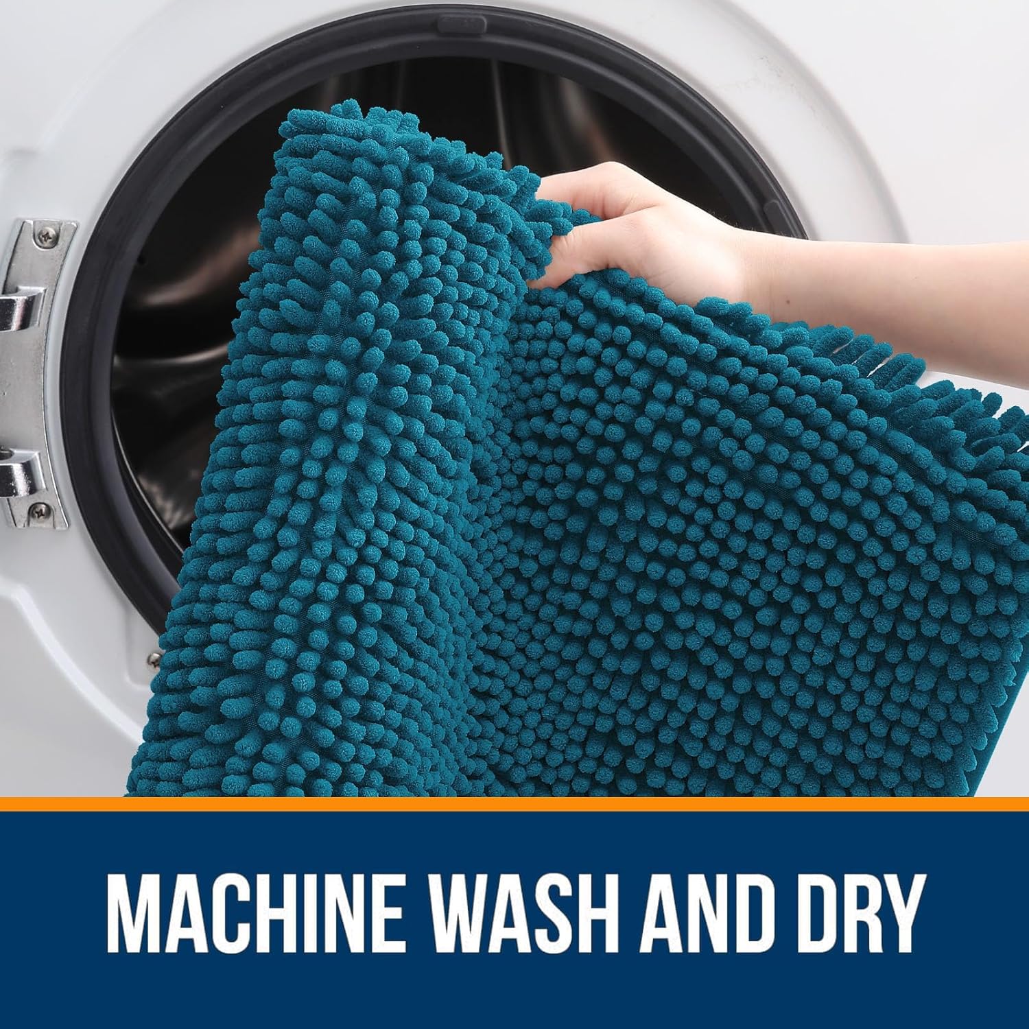 OLANLY Bathroom Rugs Sets 2 Piece, Soft Absorbent Chenille Bath Mats and U-Shaped Contour Toilet Mat Area Rug Set, Machine Washable Bath Carpet, Home Decor Accessories(30"x20"+24"x20", Peacock Blue) - Image 4