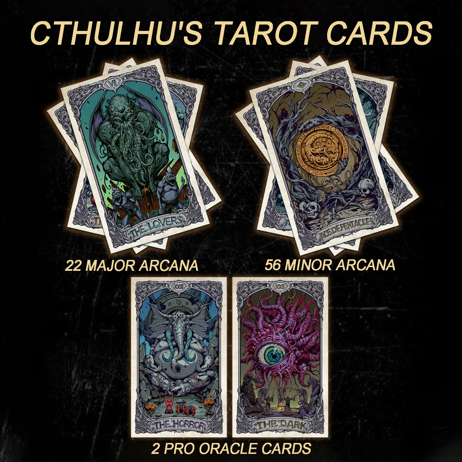 IXIGER Jeu de cartes de tarot Cthulhu, collection originale de cartes de tarot, pendule, carte en feuille d'argent laquée, pièces de monnaie, carnet, pièce de monnaie maya et enveloppe
