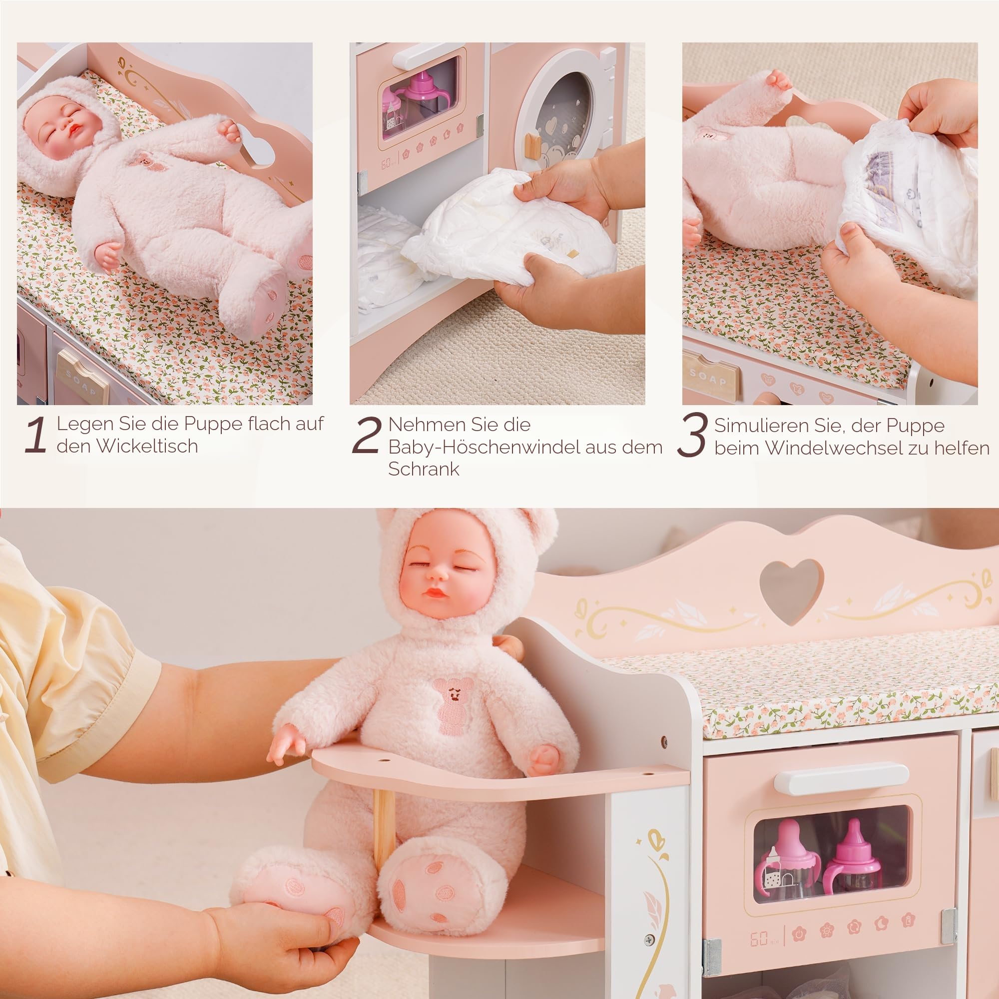 ROBUD Holzpuppen-Wickelstation, 4-in-1 Kleinkind-Puppen-Wickeltisch mit Waschmaschine & Flaschensterilisator, Aufbewahrung & Puppensitz, Puppenzubehör für Puppen unter 20", Geschenk für Kinder Rosa