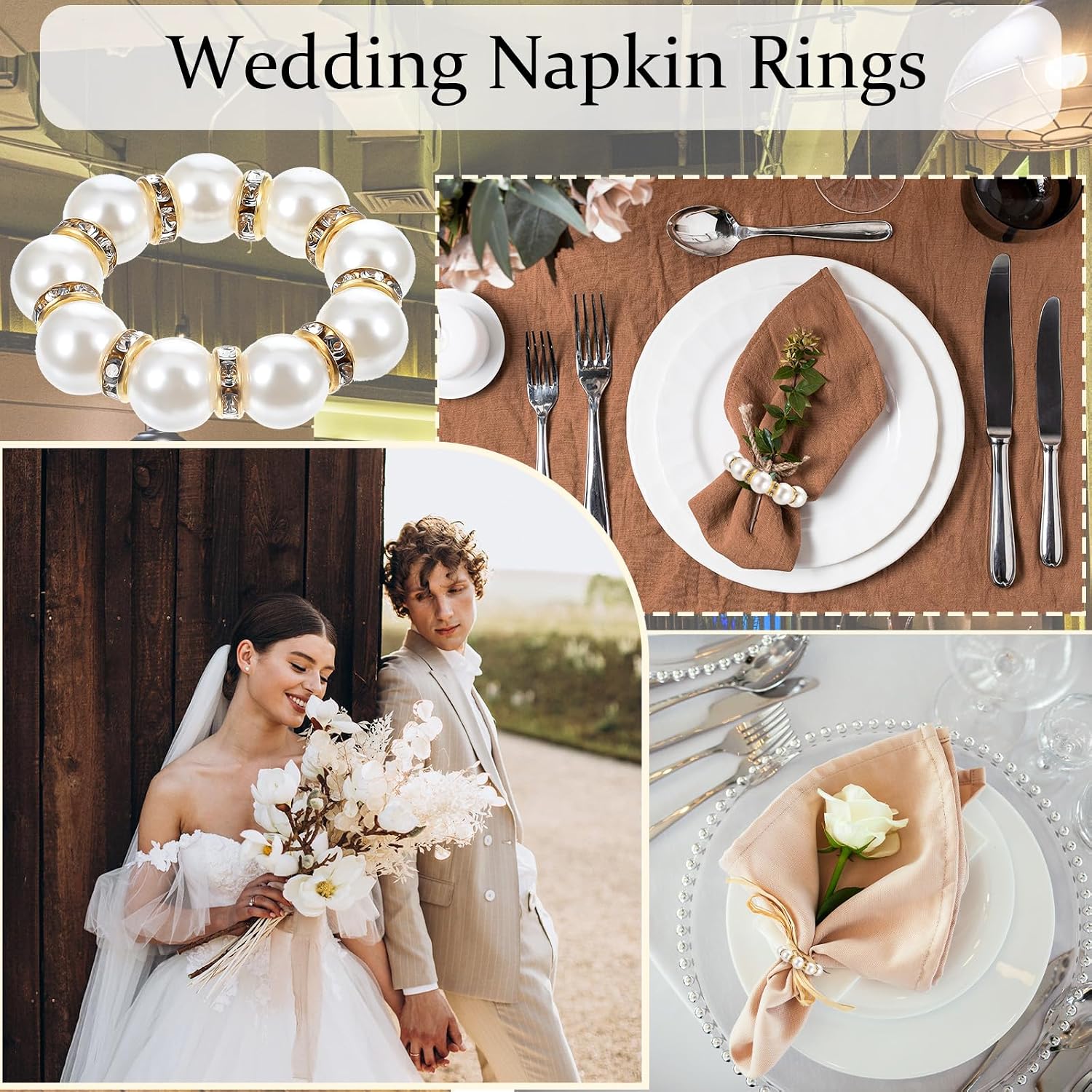 100Pcs Gold Disposable Napkin Rings Imitation Pearl Ring Napkin Holder Delicate White&Gold Beaded Serviette Buckles for Wedding Party Dinner Table Decor and Daily Use