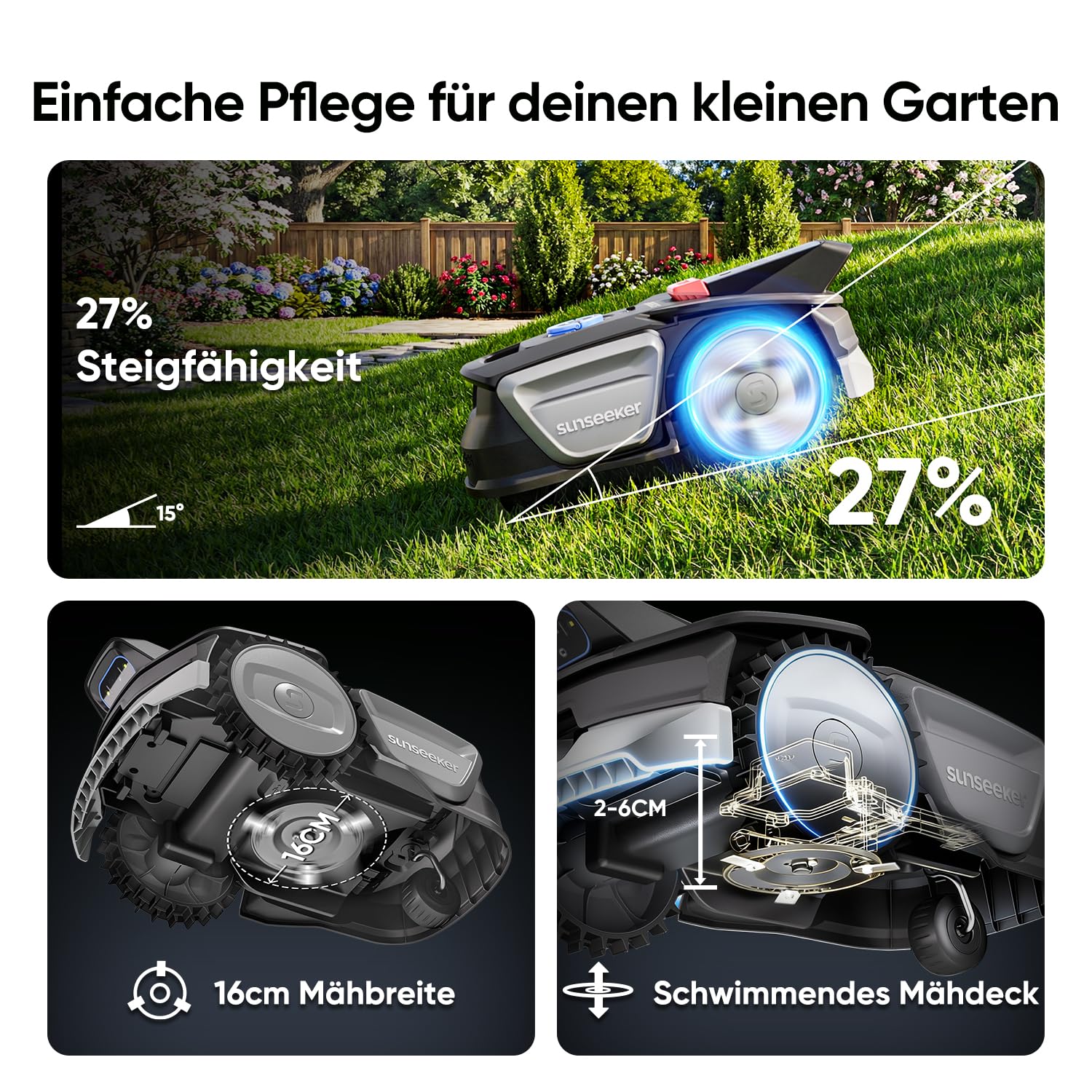 Sunseeker V1+Garage, Mähroboter ohne Begrenzungskabel, 300 m² für Kleine Gärten, Vision AI Intelligente Navigation, Rasenroboter mit EIN-klick-Mähen, Silbergrau
