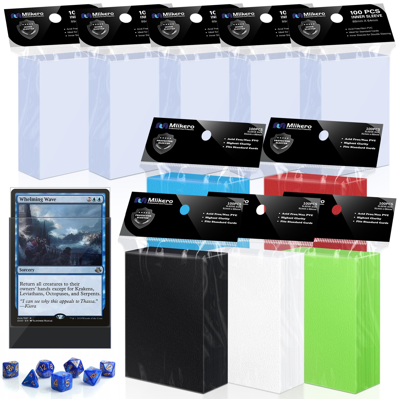 Mlikero 1000 Pack Card Sleeves, 500 Matte Trading Card Sleeve and 500 Inner Sleeves Ideal for Double-Sleeving, Perfect Fit Sleeves Compatible with MTG, TCG, Baseball, Football Cards(5 Colors)