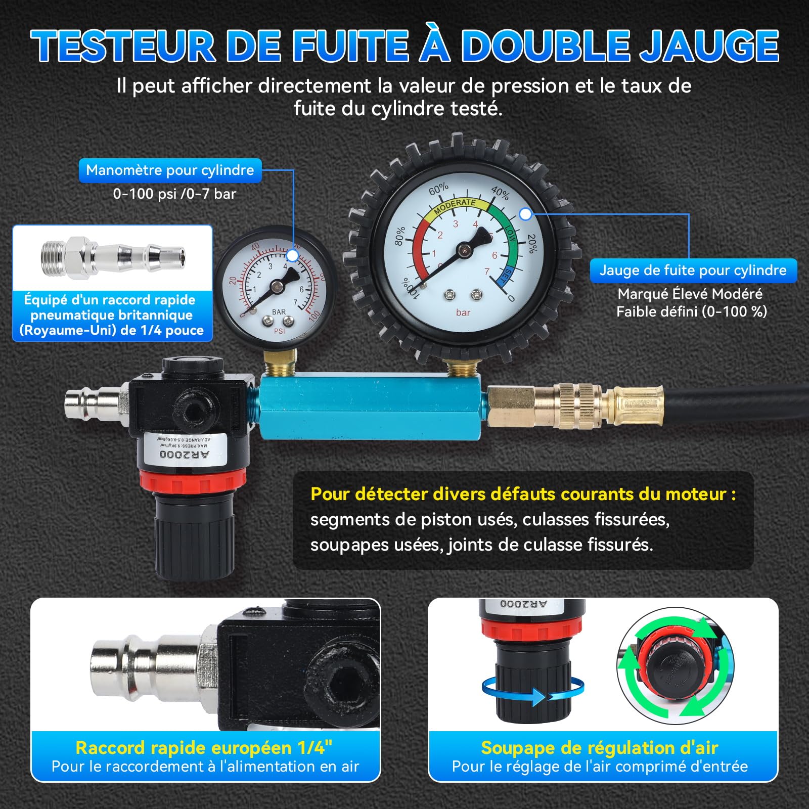 47 Pièces Testeur de Compression, pour Moteurs Essence et Diesel, Testeur de Compression Diesel 0-50 Bars, Kit de Testeur de Fuite de Cylindre à Double Jauge pour Moteurs HDI, TDCi, Pumpe Duse
