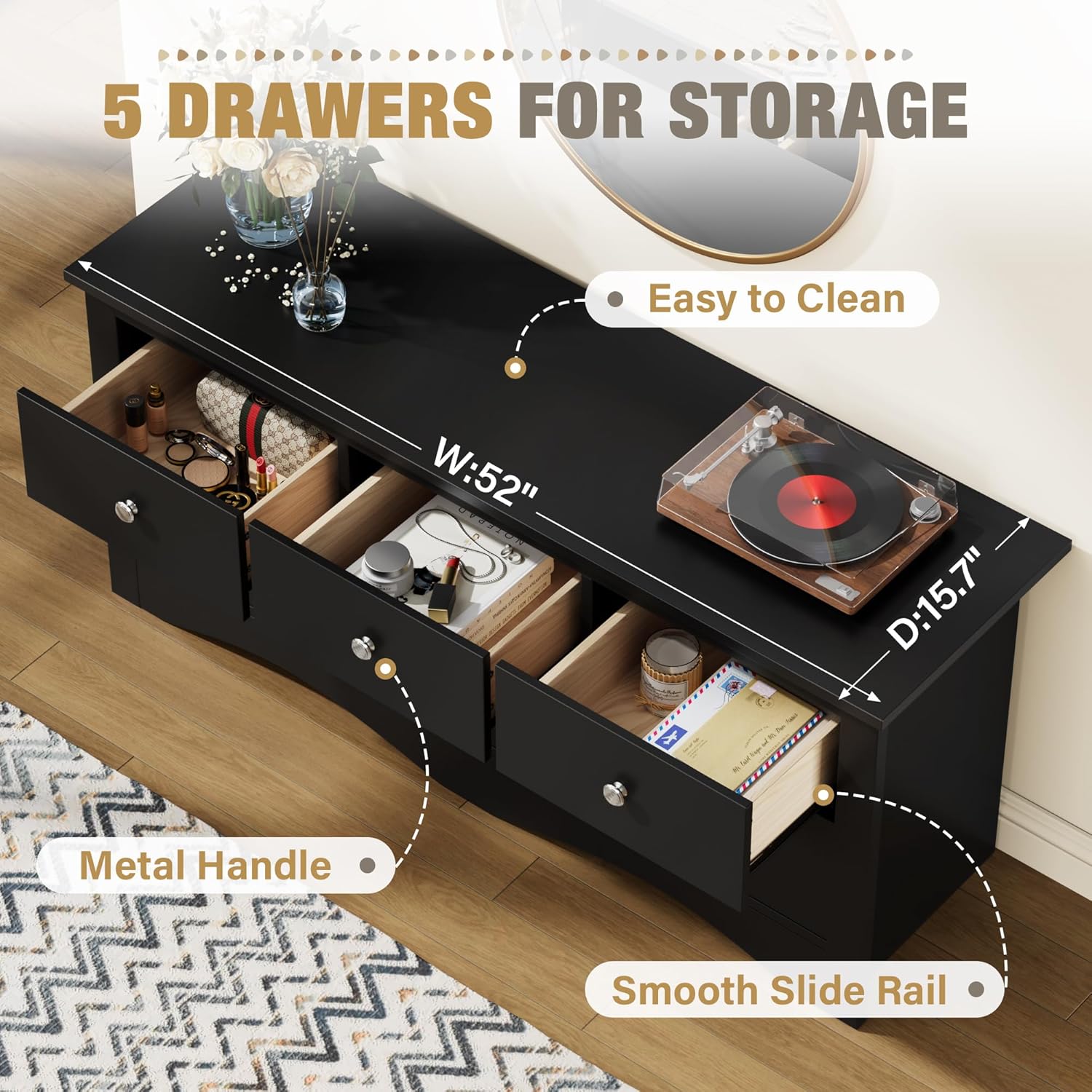 Dresser with drawers open, showing internal storage and smooth slide rails