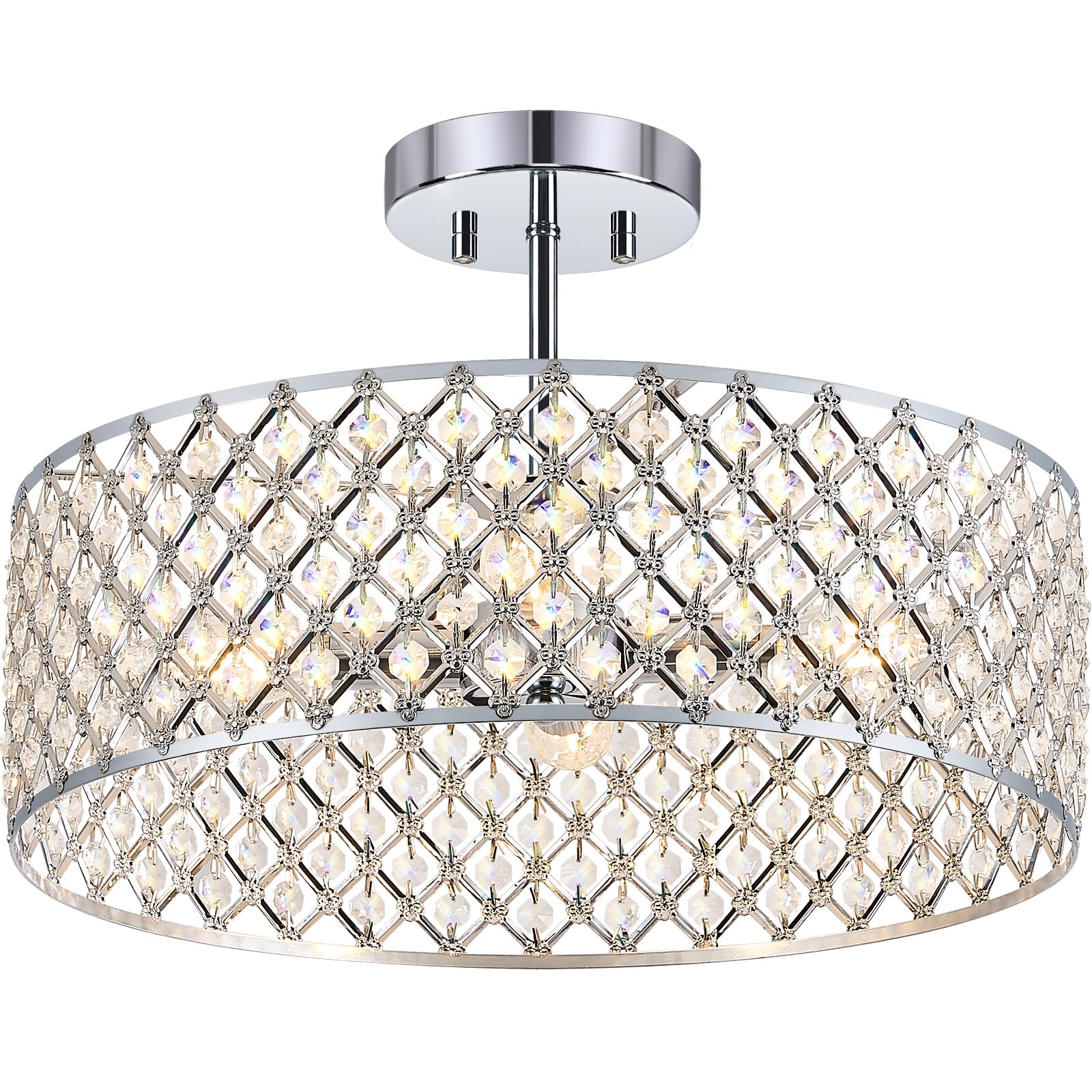 Chrome Crystal Ceiling Light Fixture Modern Semi Flush Mount Ceiling Lighting Fixture Round Small Chandelier for Dining Room