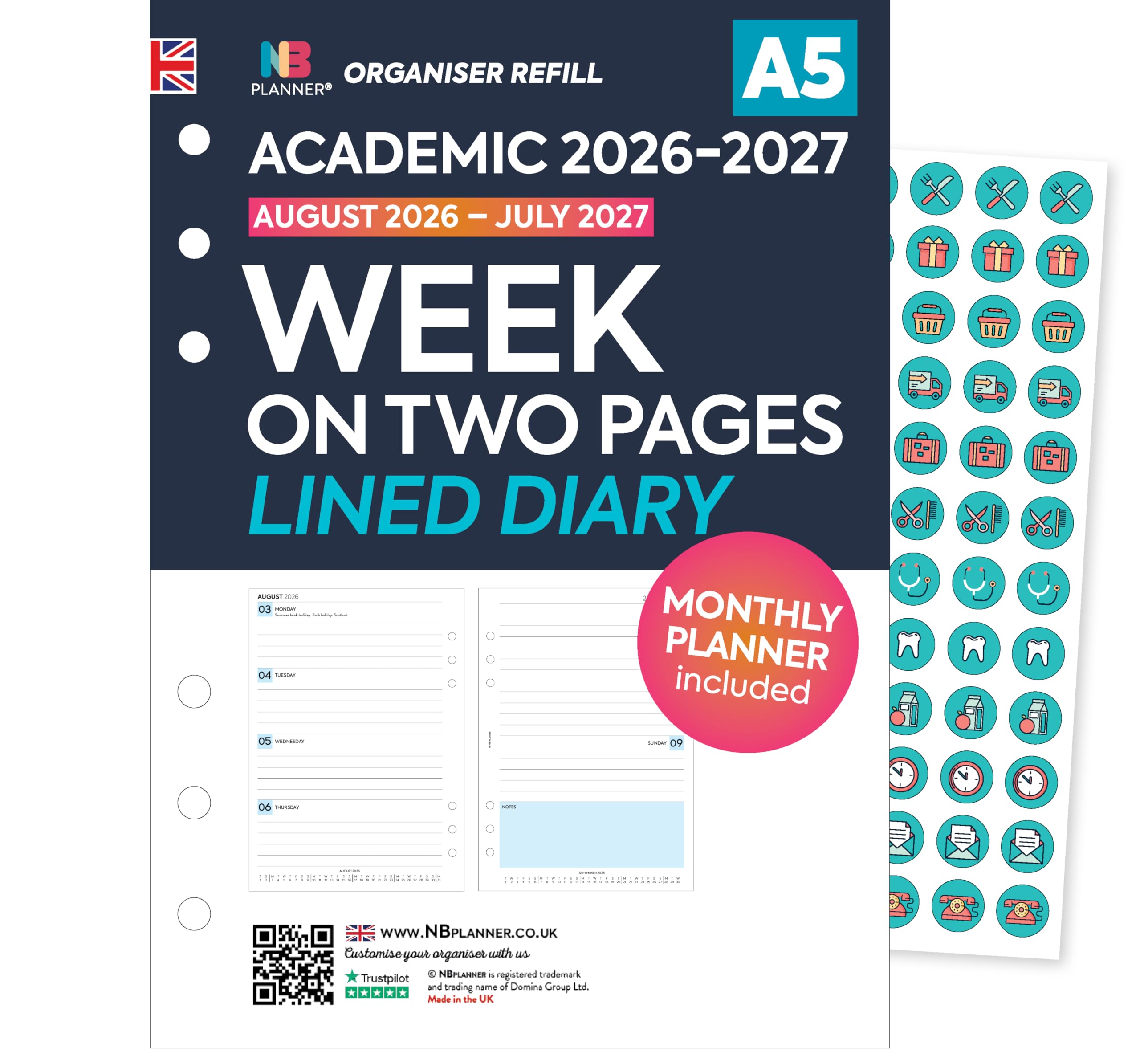 Academic 2026-2027 A5 size Week on two pages lined diary refill insert | August 2026 – July 2027 | Monthly/Weekly | Compatible with Filofax A5 organisers | 148 x 210mm — image 1