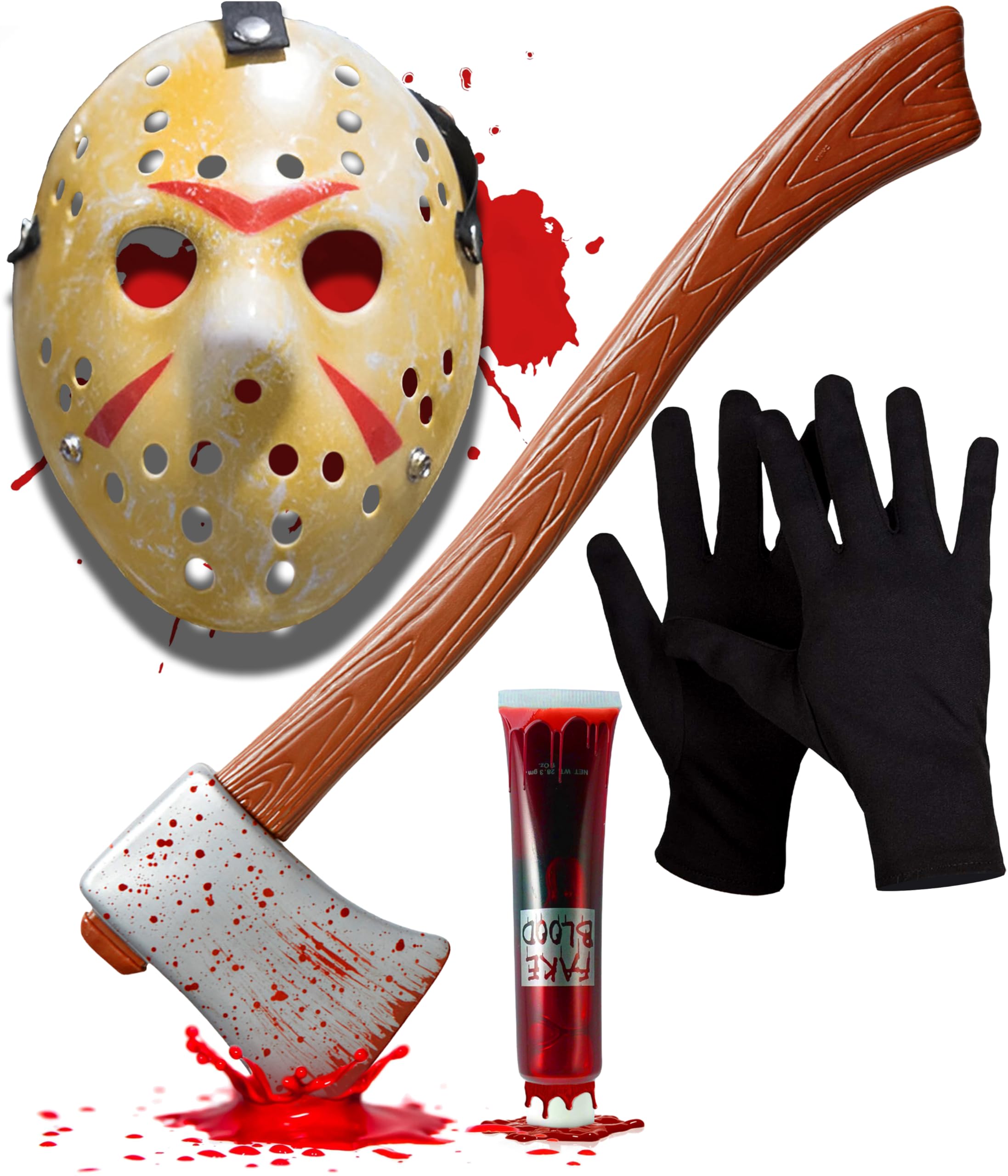 Mega_Jumble Jason Voorhees Hockey Mask, Bloody Axe, Fake Blood & Gloves for Men and Women, Horror Fear Accessories for Adult, Carnival, Halloween and Party Accessories