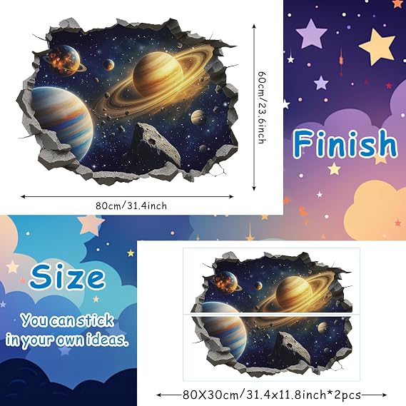 TOARTi Space Astronauts Wall Stickers,Blue Planets 3D Rockets Wall Art Decals for Boys Bedrooms,Solar System Mural Vinyl Removable Sticker for Nursery