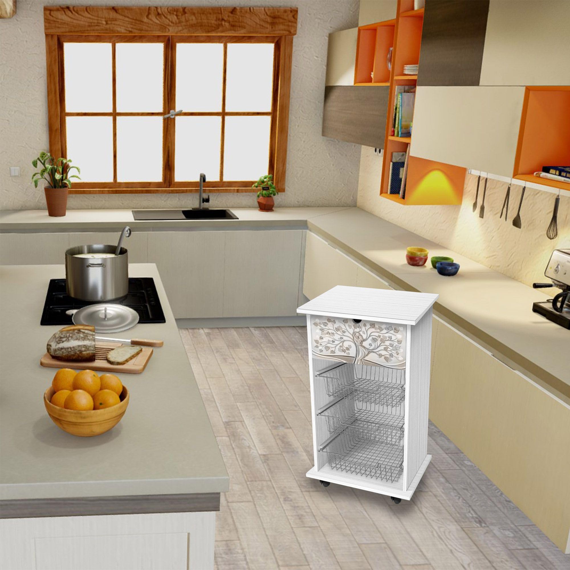 Lupia - Carrello Cucina Multifunzione Bianco WHITE ALBERO ABBRACCIO, Portafrutta Ruote Piroettanti, Piano di Appoggio, tre Cestelli Estraibili in Acciaio, Legno 40X45H85 cm montato