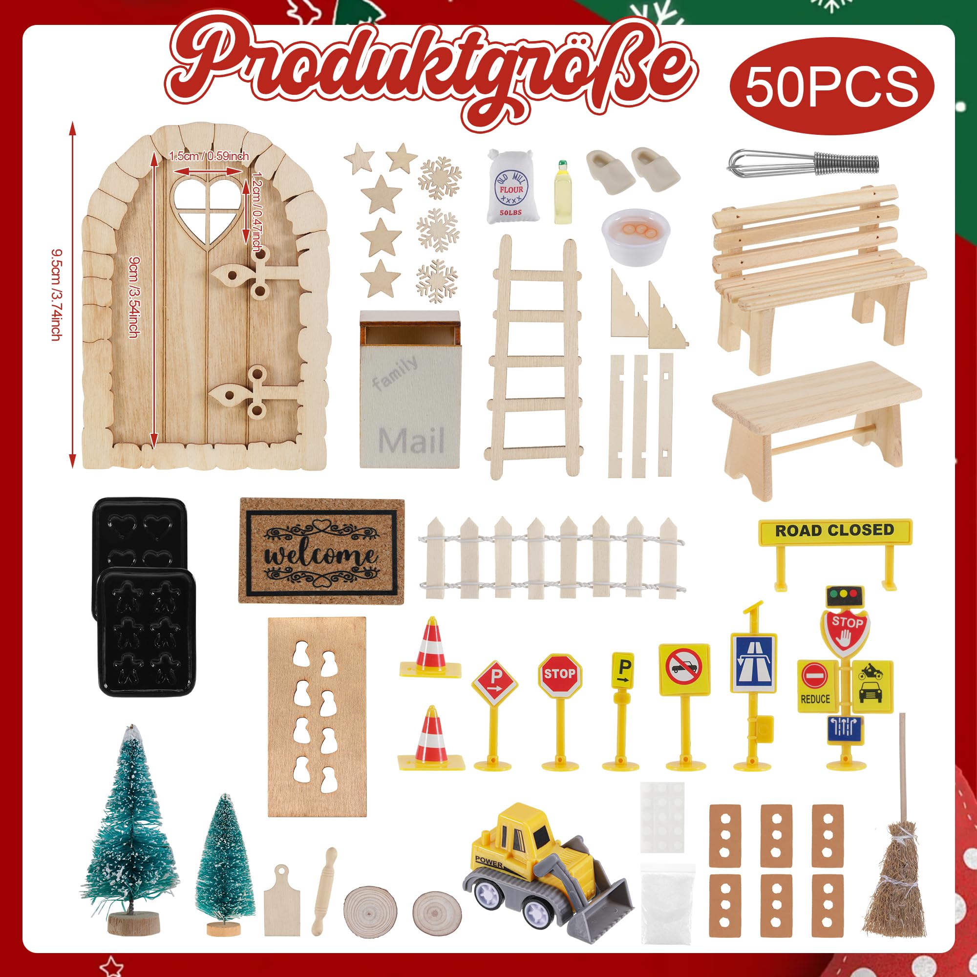 Lot 50 Accessoires Porte Lutin Noël – Chantier, Pâtisserie, Arbres, Échelle – Décoration Maison, Cadeau Enfant, Bois - 10