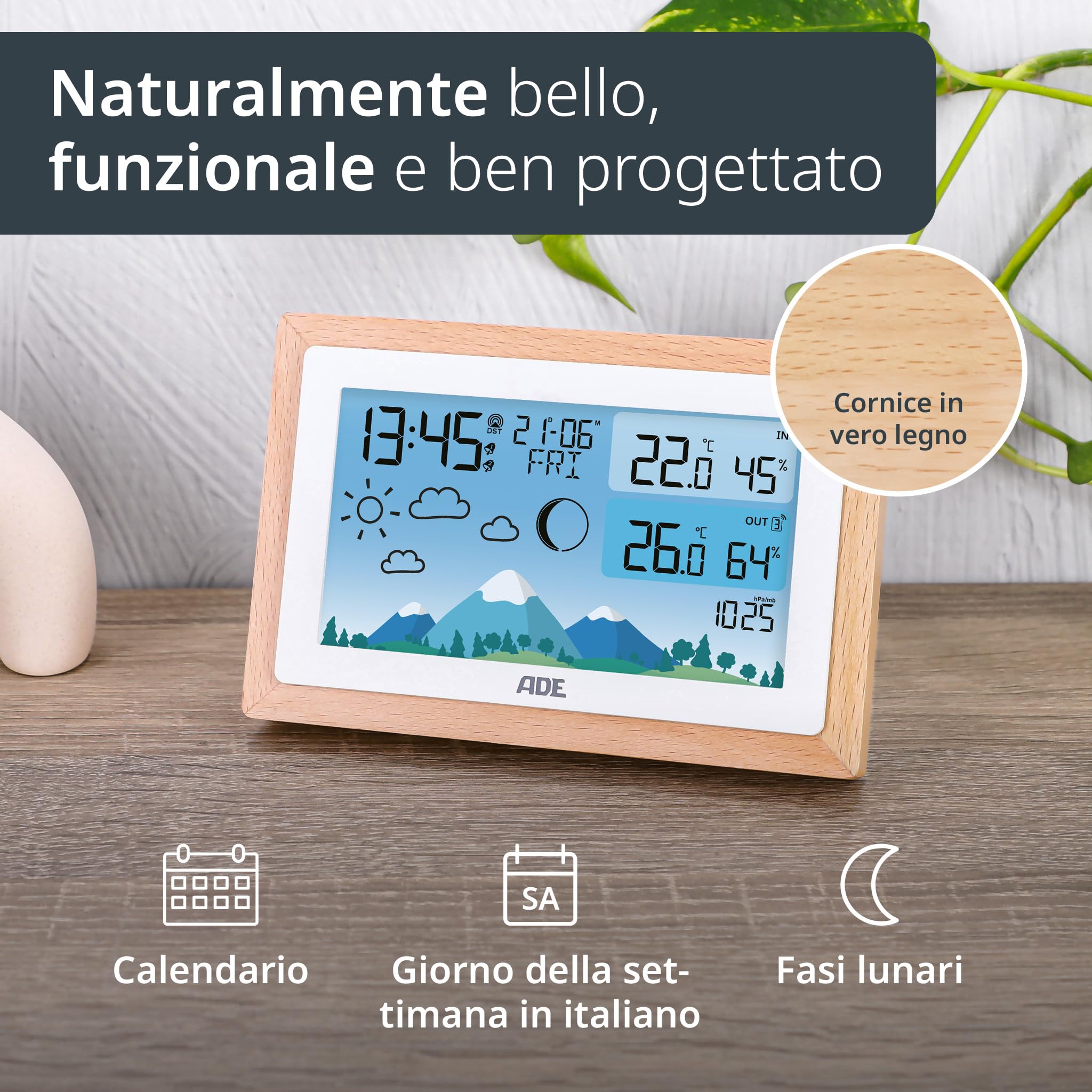ADE Stazione meteo con sensore esterno | termometro ambiente | igrometro umidità casa | barometro | radiosveglia digitale da comodino | Batteria e adattatore di rete inclusi