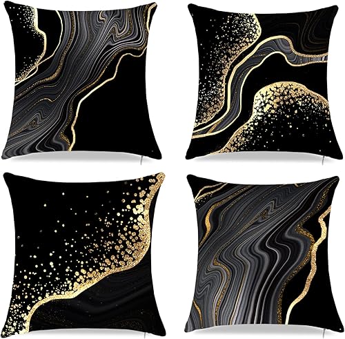 Fundas de almohada negras, fundas de almohada decorativas negras y doradas de 18 x 18 pulgadas, fundas de almohada decorativas negras, fundas de