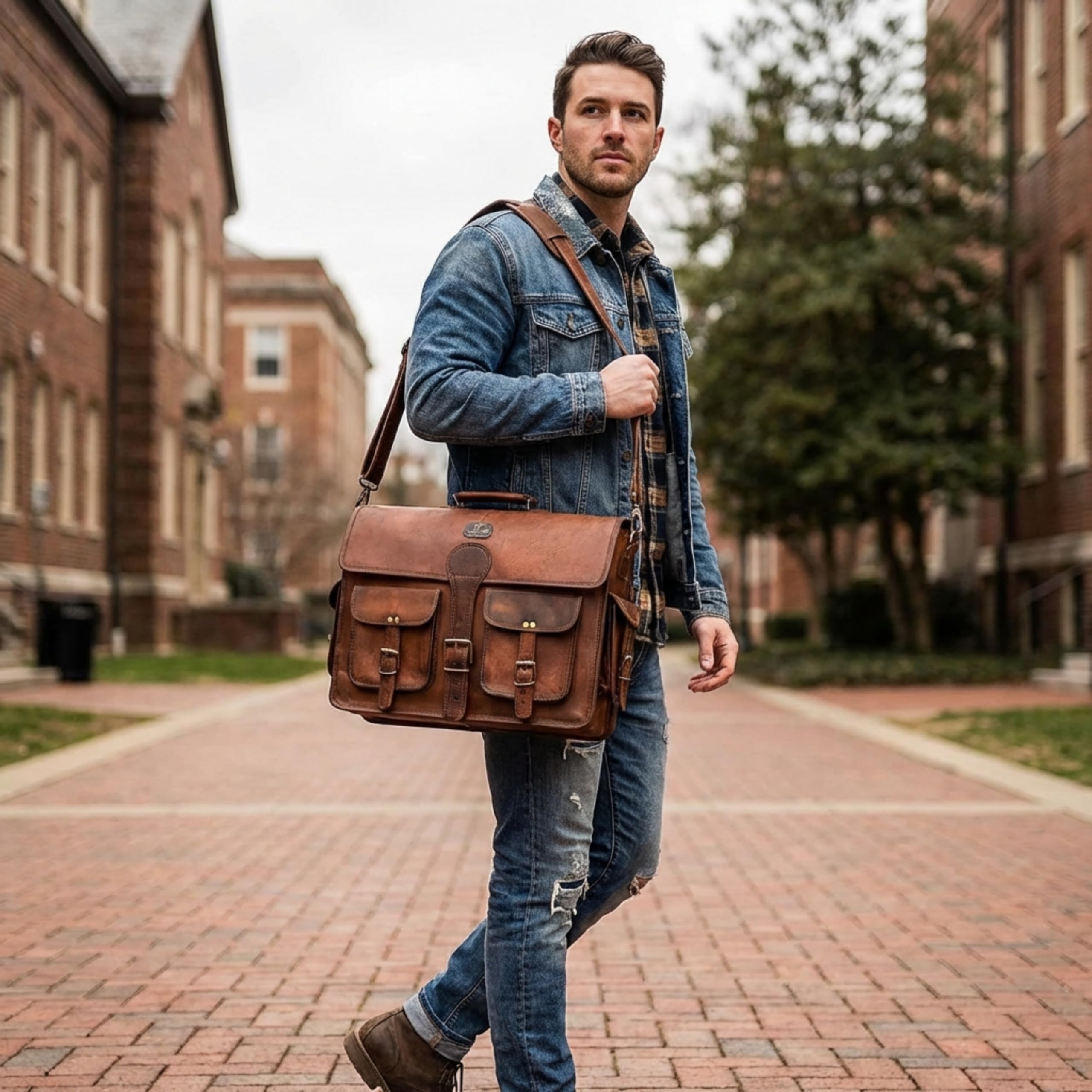 DHK - Borsa messenger da uomo, in pelle, realizzata a mano, stile vintage, 45,7 cm