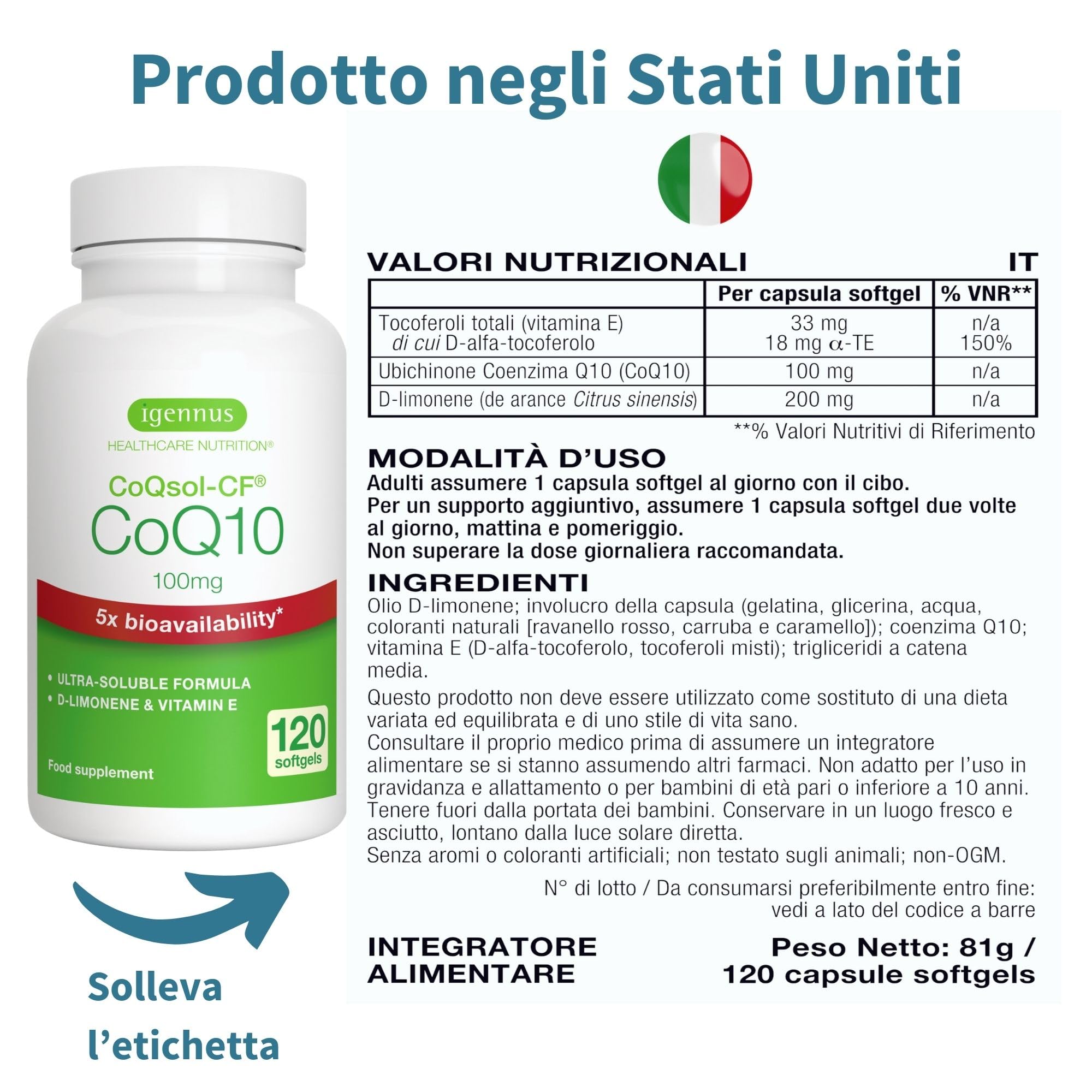 Igennus Integratore CoQ10, Coenzima Q10 100mg, 120 Softgels (4 mesi), Biodisponibilità 5x Superiore, Formula Ultra-Solubile CoQsol-CF, Ubichinone Potenziato con Vitamina E e D-Limonene, 1 al giorno