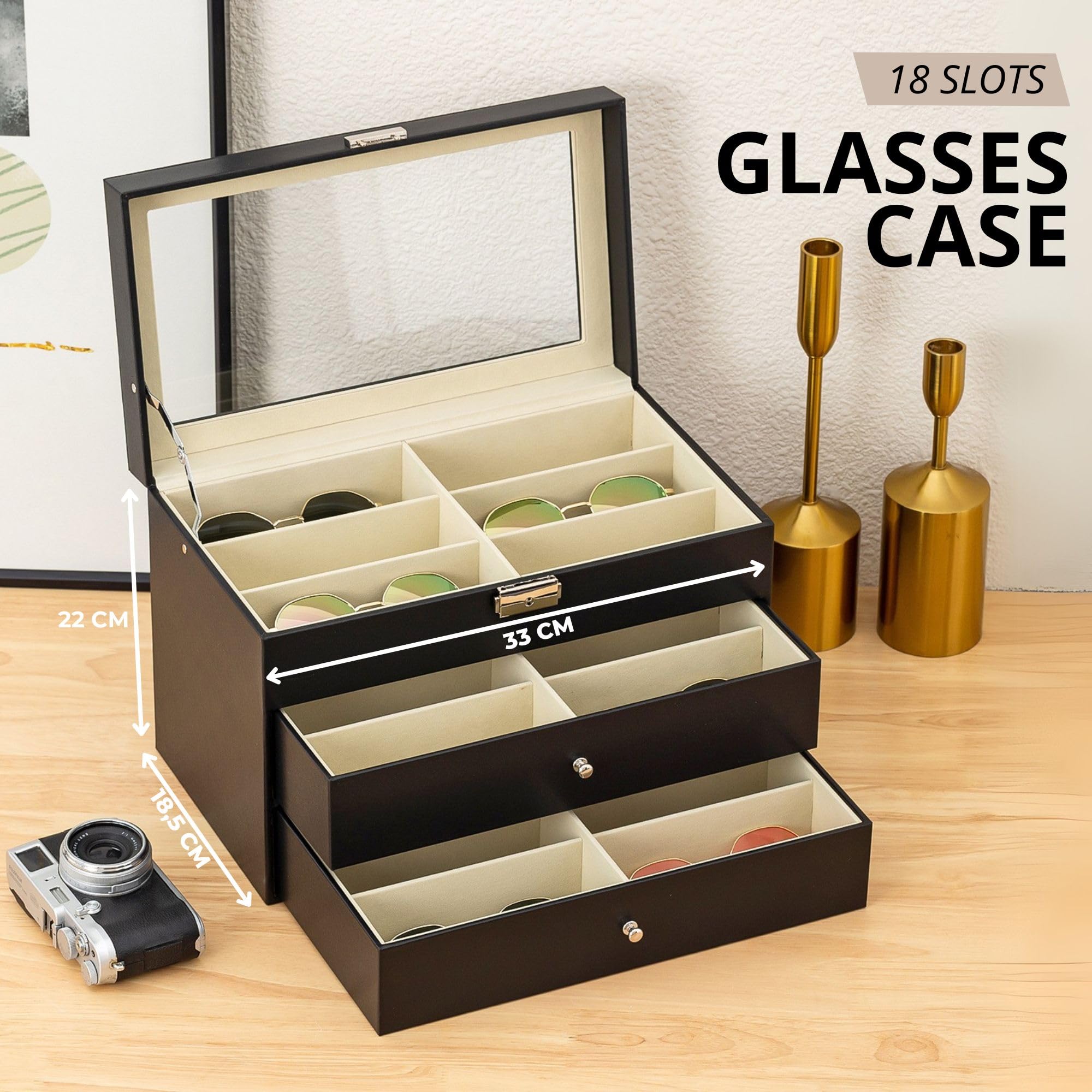 MAGIC SELECT Scatola per Occhiali. Espositore di Occhiali a 8-12-18 Scomparti con Coperchio in Vetro Trasparente, Chiusura con Chiave, Cassetto e Morbida Fodera Interna.