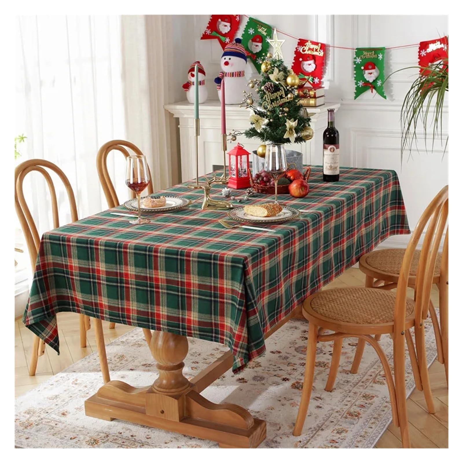 Tischdecke Weihnachten Weihnachtsdekoration, Karierte Tischdecke, Farbe gewebt, Polyester, Baumwolle, Rot, Grün, for Zuhause, Party, Esszimmer, Dekoration(Green,140x220)
