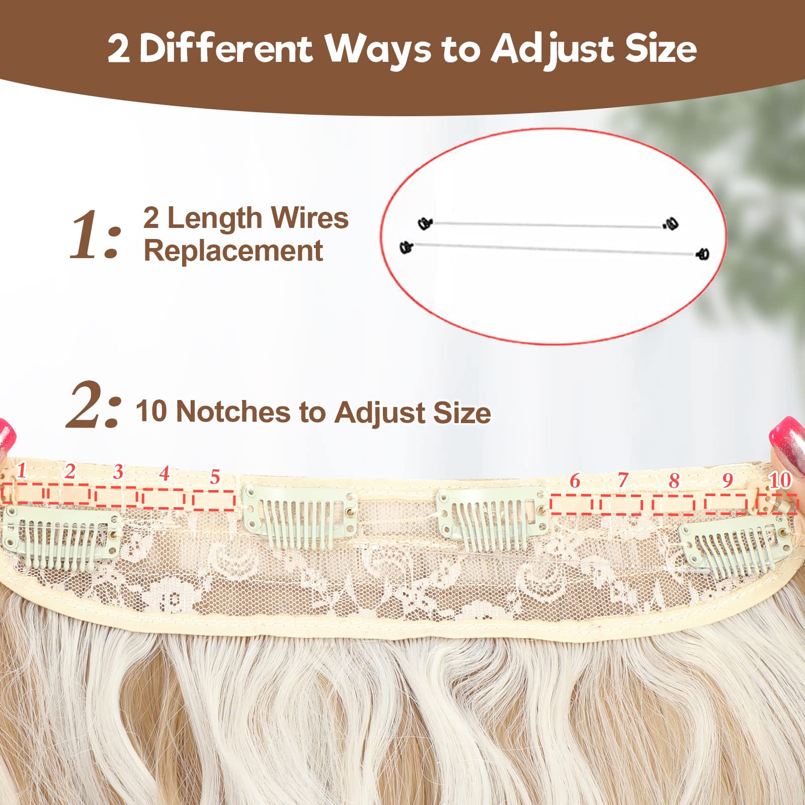 BUPPLER Halo Hair Extensions 20 Inch Invisible Wire Hair Extensions Adjustable Long Wavy Hairpiece Synthetic Upgrade 4 Secure Clips in Hairpieces 20 Inch,Dark Golden Mix Platinum Blond - Image 4
