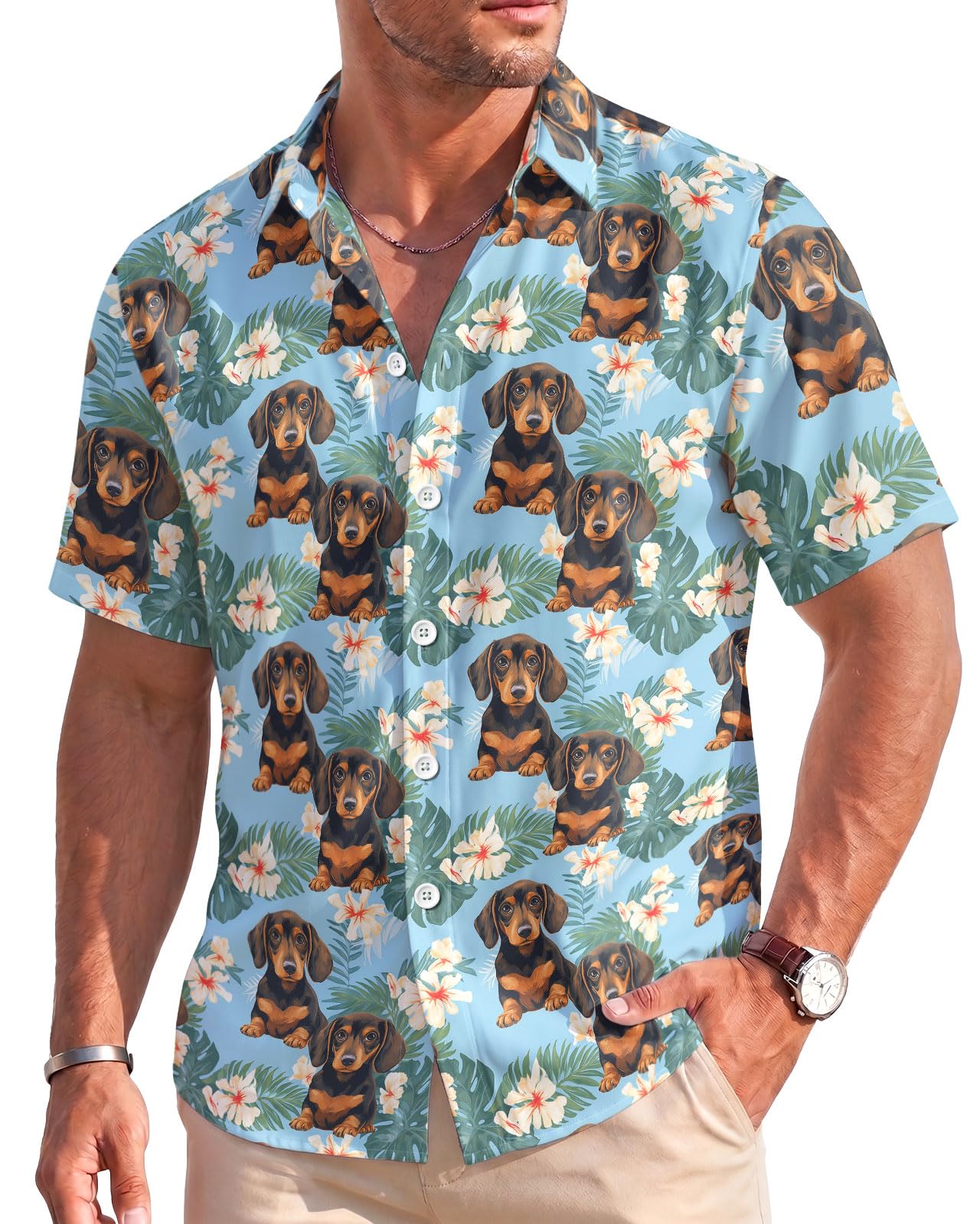 GEPOS Dog Men's Button Shirt, Tropical Dog Hawaiian Shirt for Unisex, Summer Birthday Gift for Men, Beach Men's T-Shirt, Dachshund 1, M โ image 1