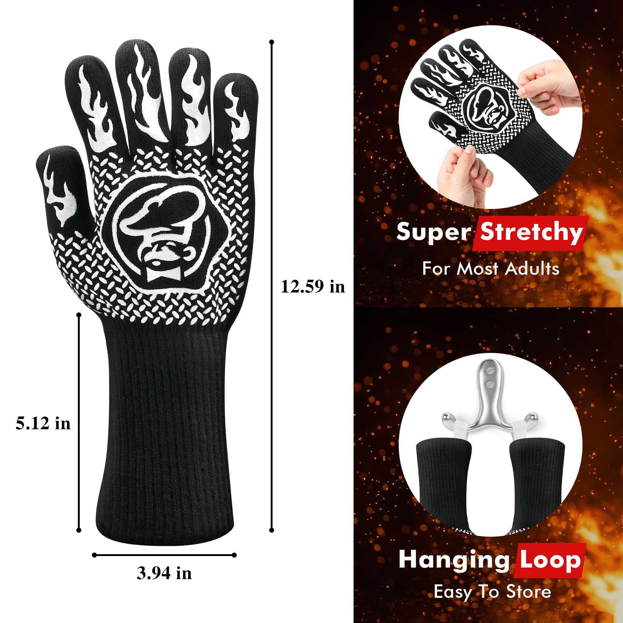 Commercial Chef Guantes de barbacoa resistentes al calor para barbacoa, cocinar, hornear, cortar, guantes antideslizantes para horno de cocina, accesorios de parrilla con revestimiento antideslizante