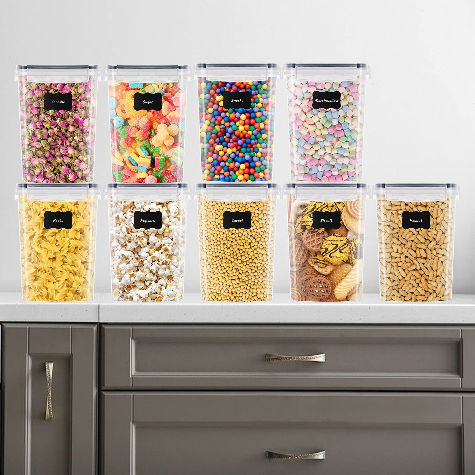 GIKERSY 9 × 2 L Caja de almacenamiento de cocina, lote de frascos herméticos de plástico sellada con tapa, para almacenar cereales, pasta, harina, comida para mascotas