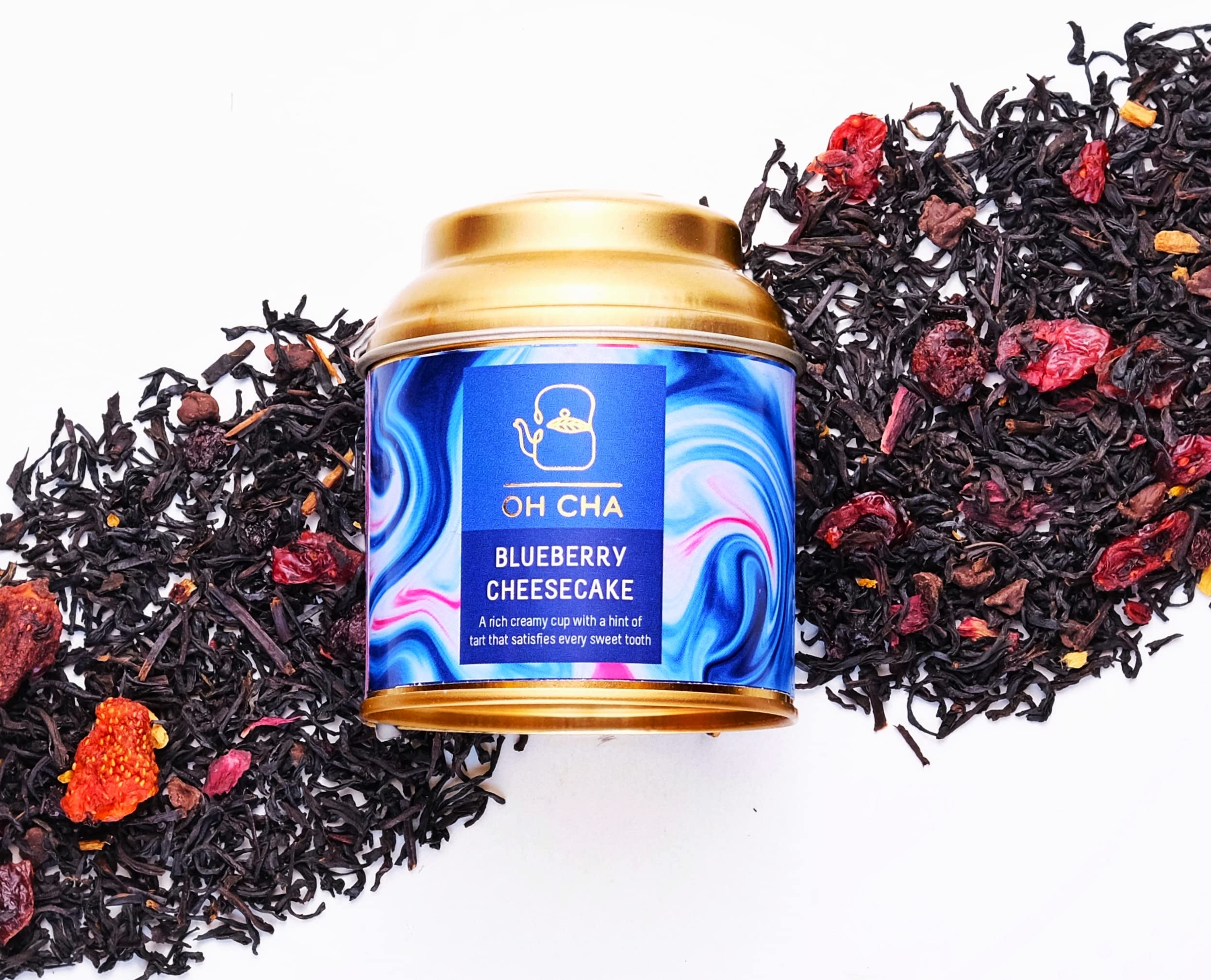 OH CHA - Blueberry Cheesecake Flavoured Tea, 35gms | Darjeeling Black Tea Leaves blended with Strawberry & Blueberry pieces, Cocoa nibs & Rose petals | Blended Darjeeling Whole Leaf | Zero Calories, No Added Sugar | Brew Hot or Iced 4