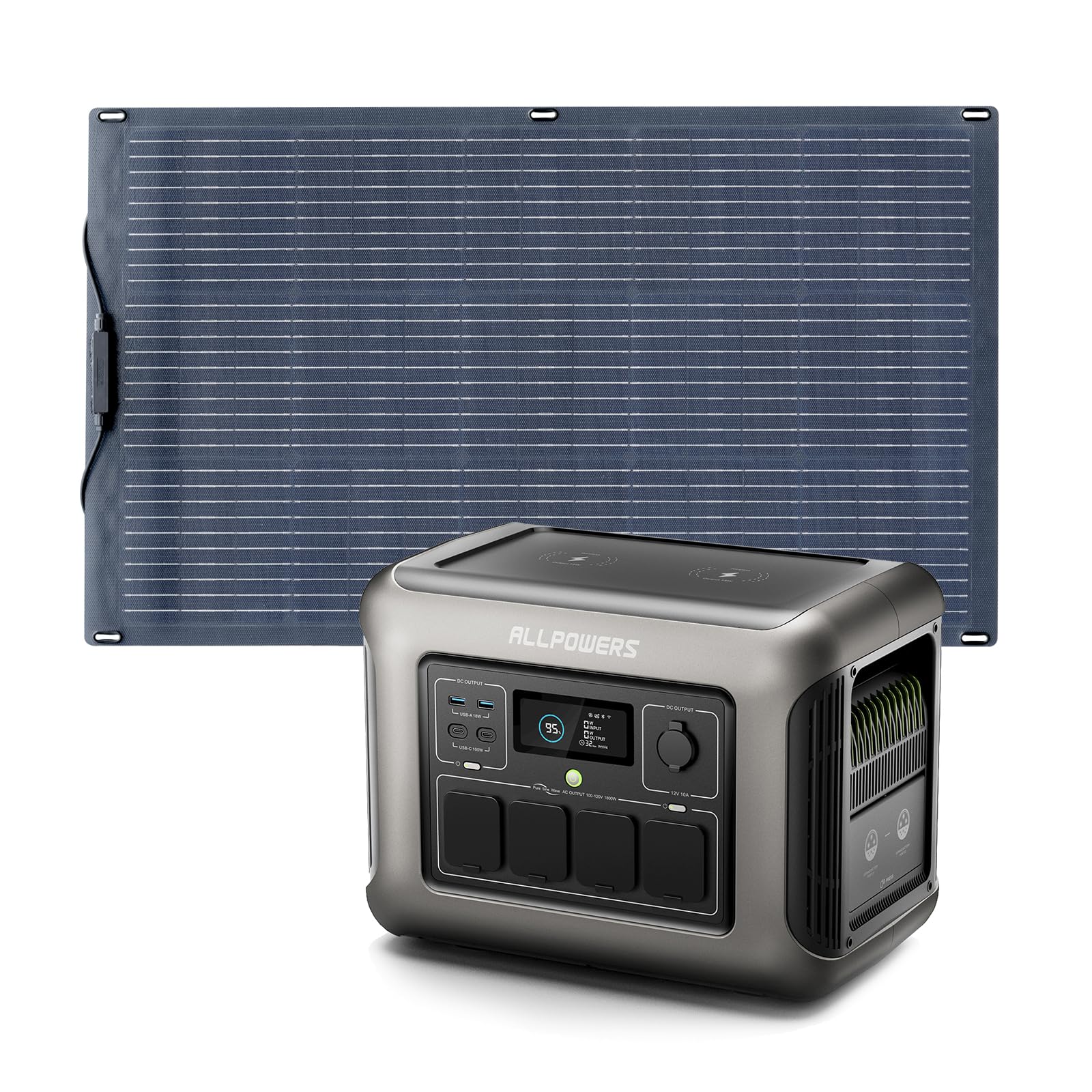 ALLPOWERS R1500 Station électrique portable 1152Wh panneau solaire 100W | panneau solaire flexible IP68 étanche, batterie LFP, 2 x Chargement rapide sans fil 15W, générateur solaire pour camping-car