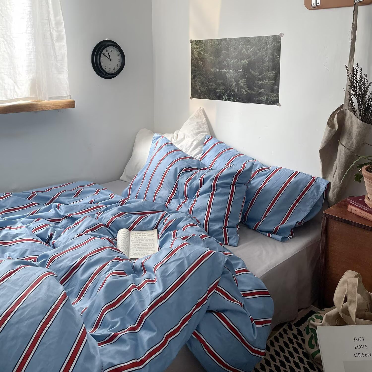 MKXI Full Blue &amp; Red Vertical Stripe Duvet Cover Set 3-Piece - 100% Cotton Textured Bedding with Zipper Closure &amp; Corner Ties, Modern Coastal Vintage Aesthetic Comforter Cover