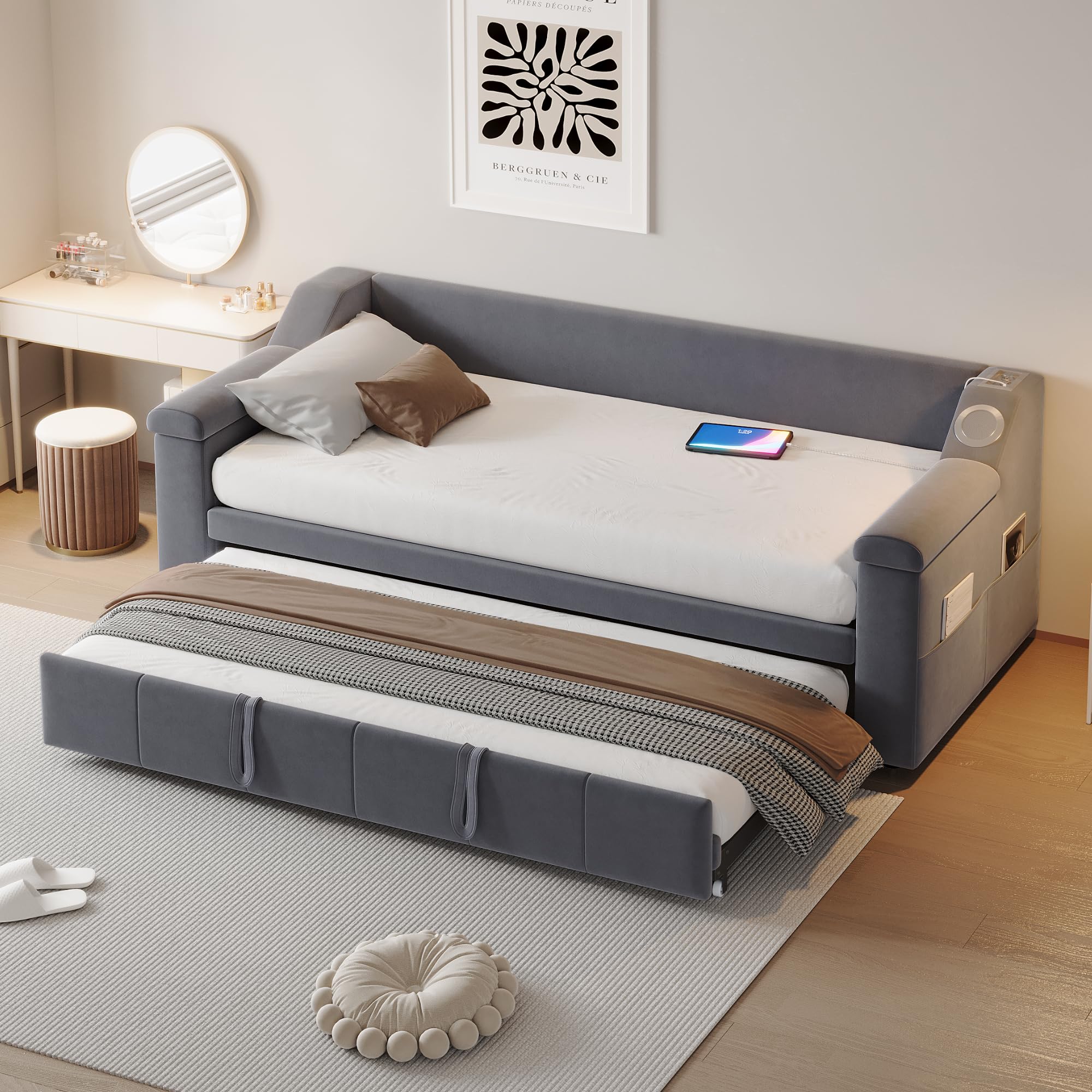 Cama acolchada, sofá cama, reposabrazos anchos y gruesos, con sistema estéreo Bluetooth inteligente, con puerto de carga USB, con compartimentos de almacenamiento, con somier, tela de