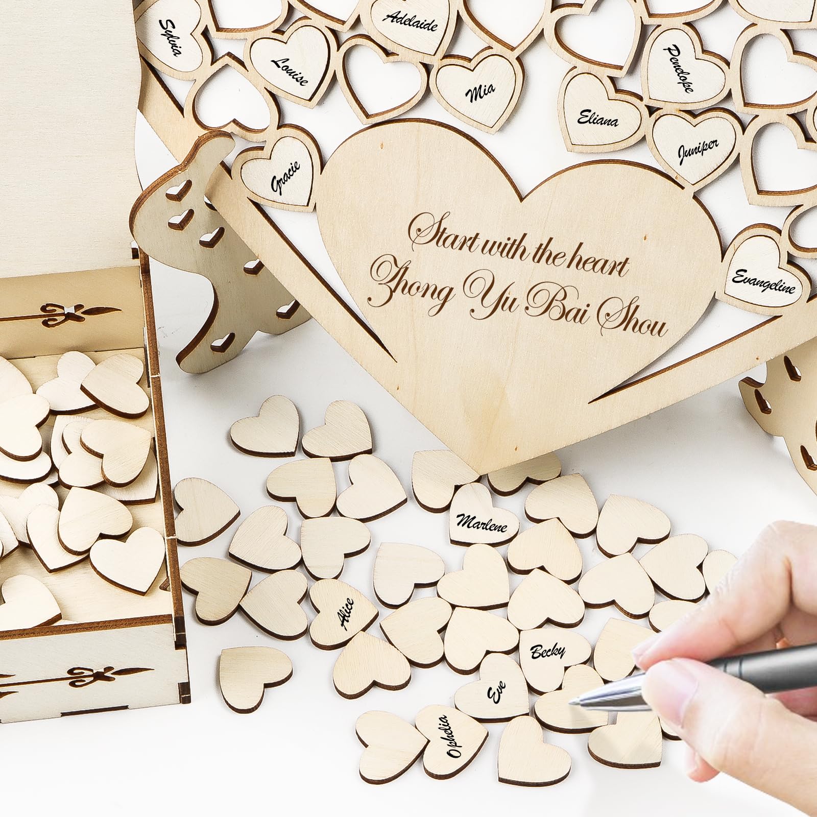 Libro degli ospiti per matrimonio, personalizzabile, in legno, a forma di cuore, alternativa con base, scatola e 100 biglietti di firma a forma di cuore in legno, decorazione per matrimonio