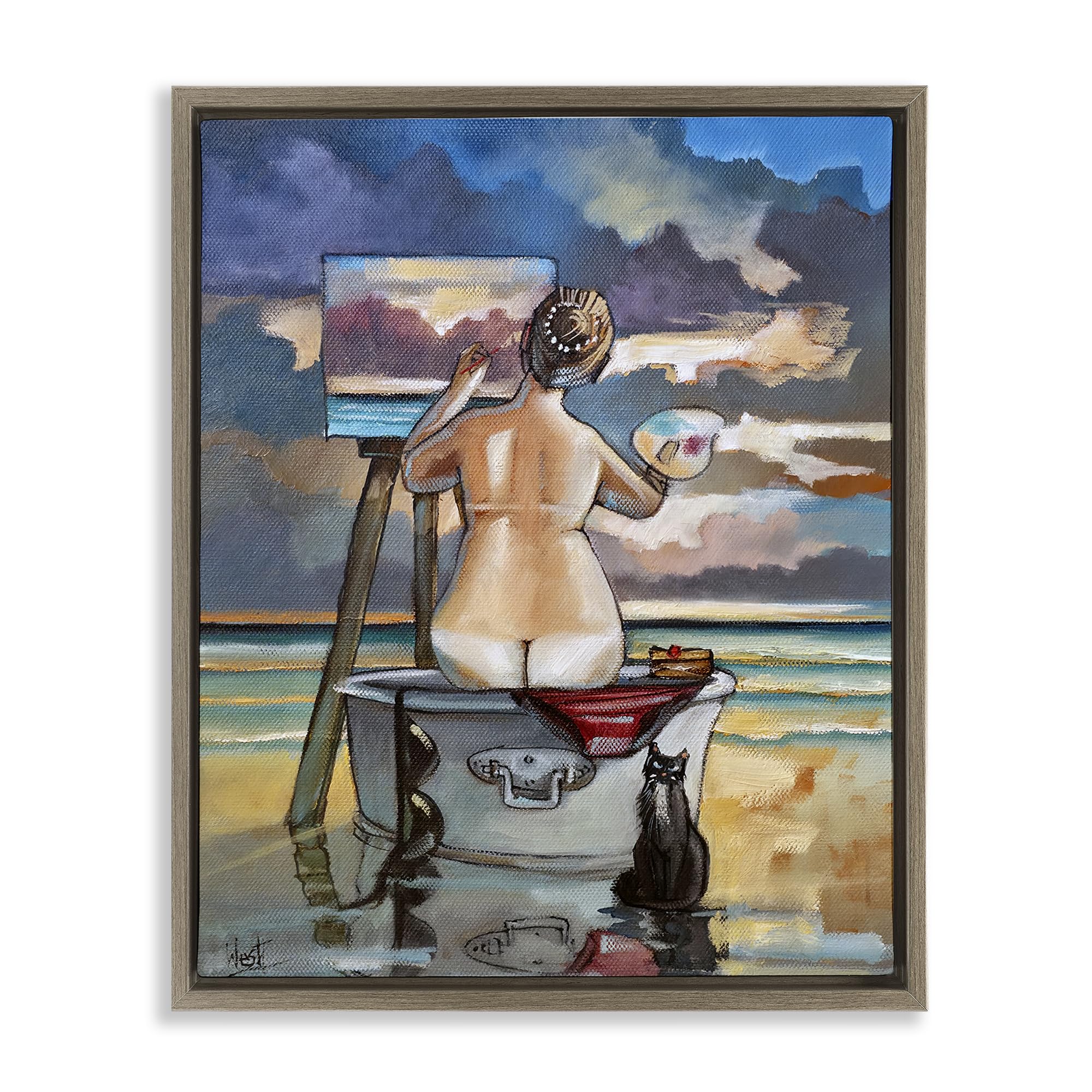 Stupell Industries Stormy Seascape Bath Time 'Painting Up A Storm', Floating Frame Canvas Art, Brown, 17 X 21 Inches, Easy To Hang And Sturdy, Made In Usa, By Ronald West