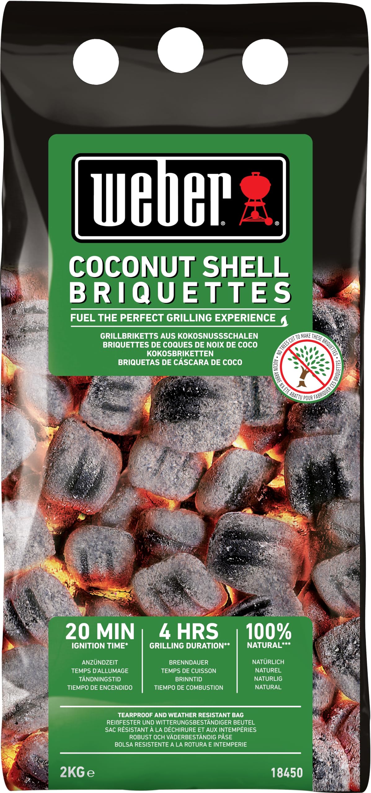 Weber Carbón de cáscaras de Coco (Saco de 2kg), Potente, para brasas largas y constantes, Ideal para una barbcoa Prolongada, 100% Natural (18450)