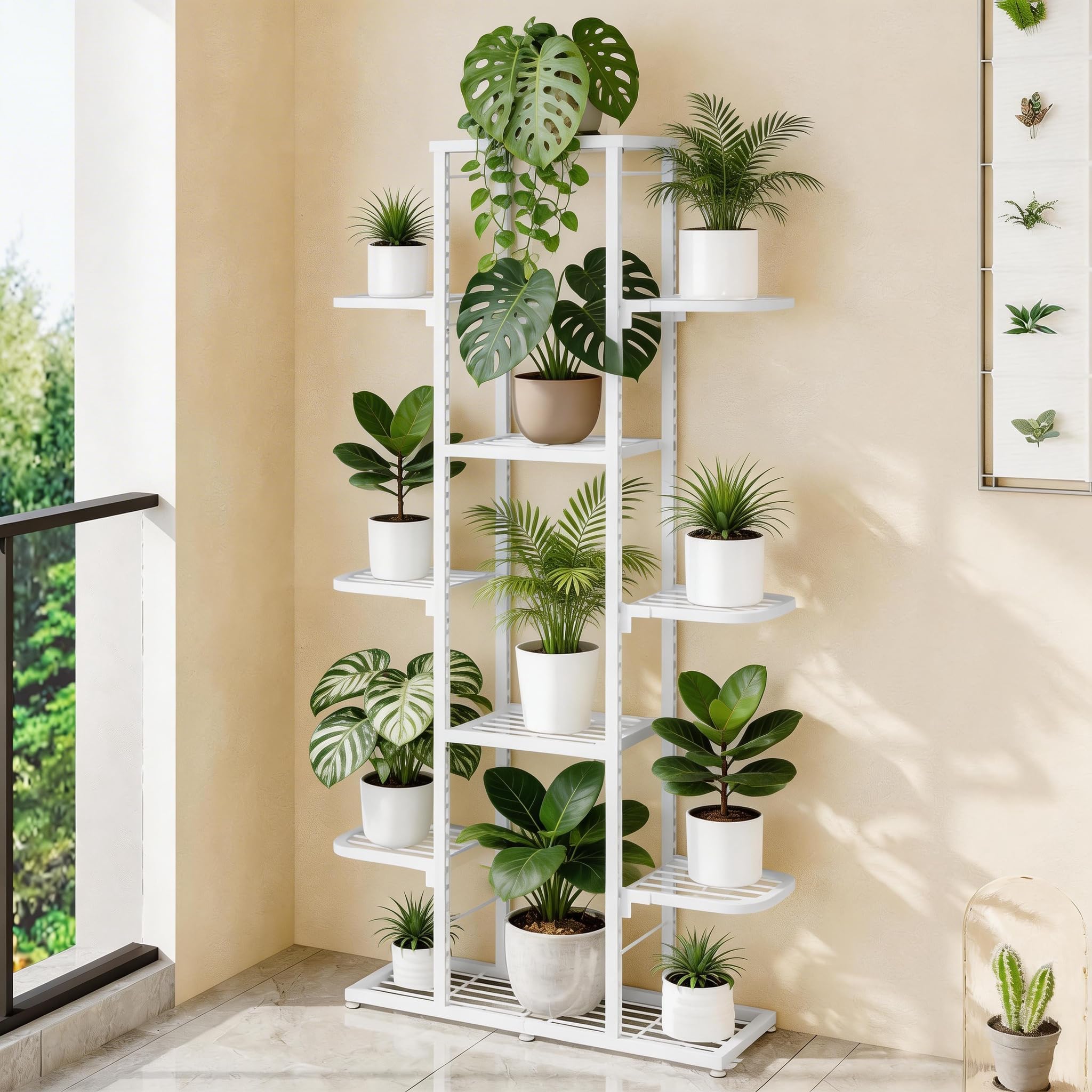 GarveeLife Étagère à Plantes Multi-Niveaux en Métal Blanc, Support pour Fleurs d'Intérieur et Extérieur, pour Balcon, Salon, Chambre et Jardin